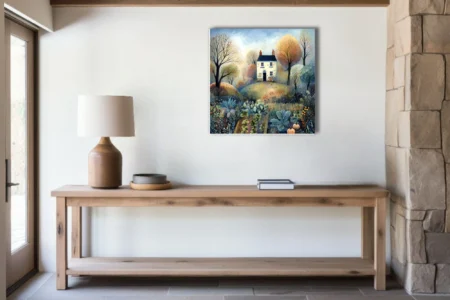 Folk-art autumn cottage with kitchen garden, muted gold and slate tones