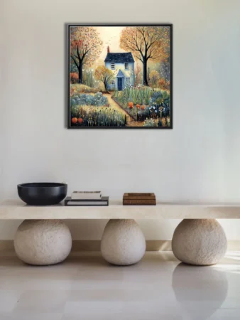 Folk-art autumn cottage with kitchen garden, warm harvest palette and botanical abundance