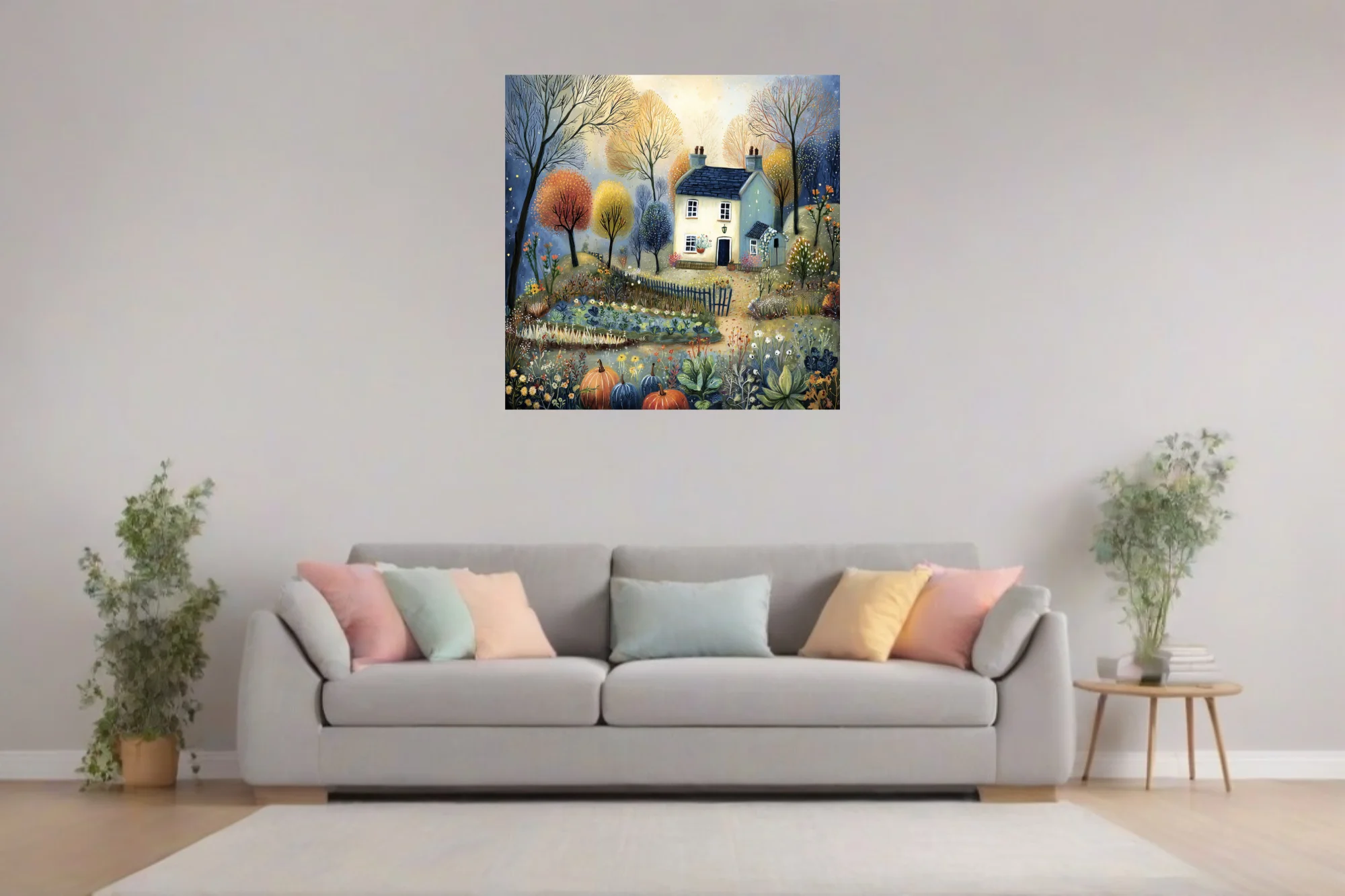 Folk-art cottage illustration with autumnal trees, garden botanicals, and pumpkins in warm earthy tones
