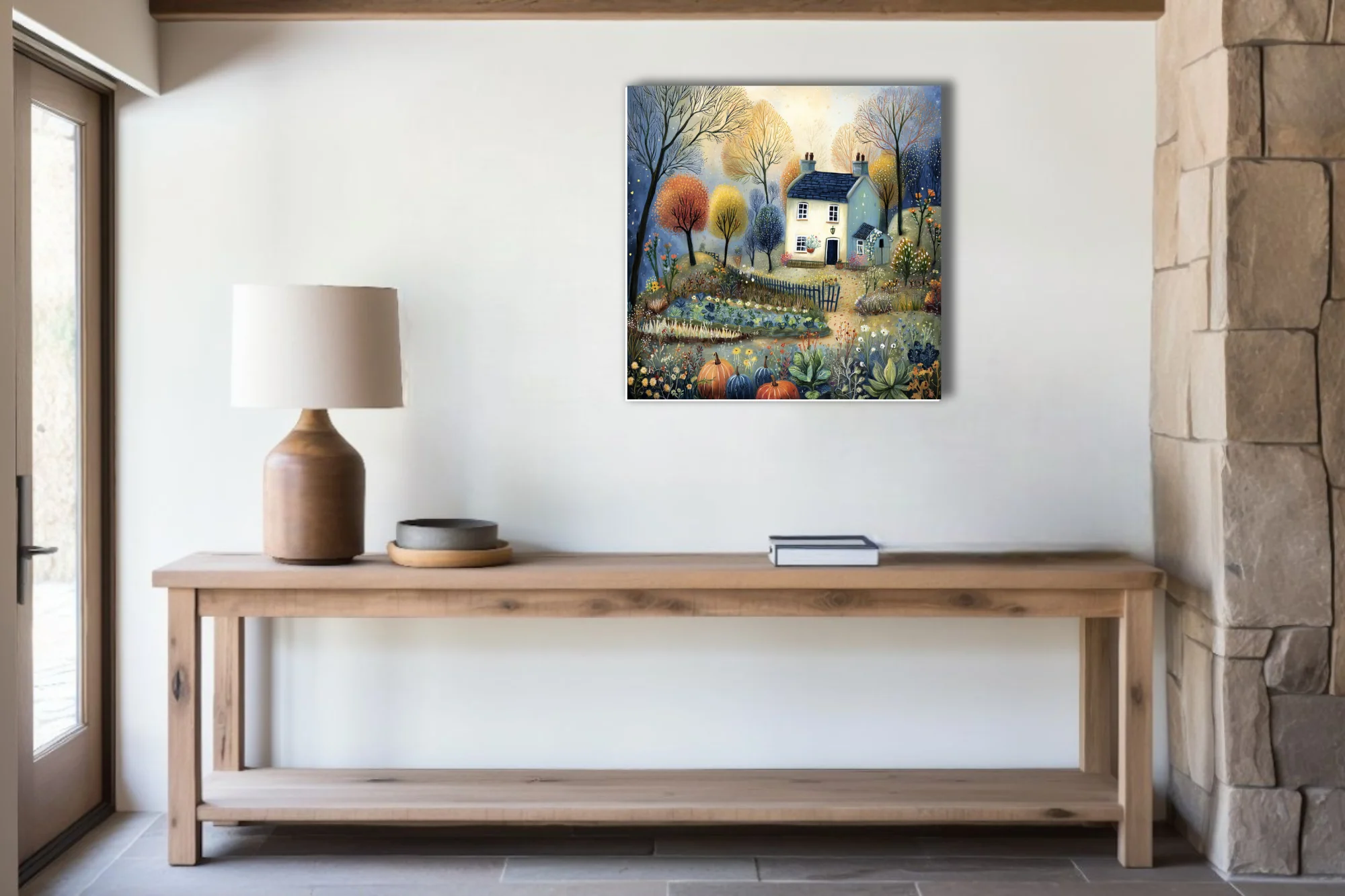 Folk-art cottage illustration with autumnal trees, garden botanicals, and pumpkins in warm earthy tones