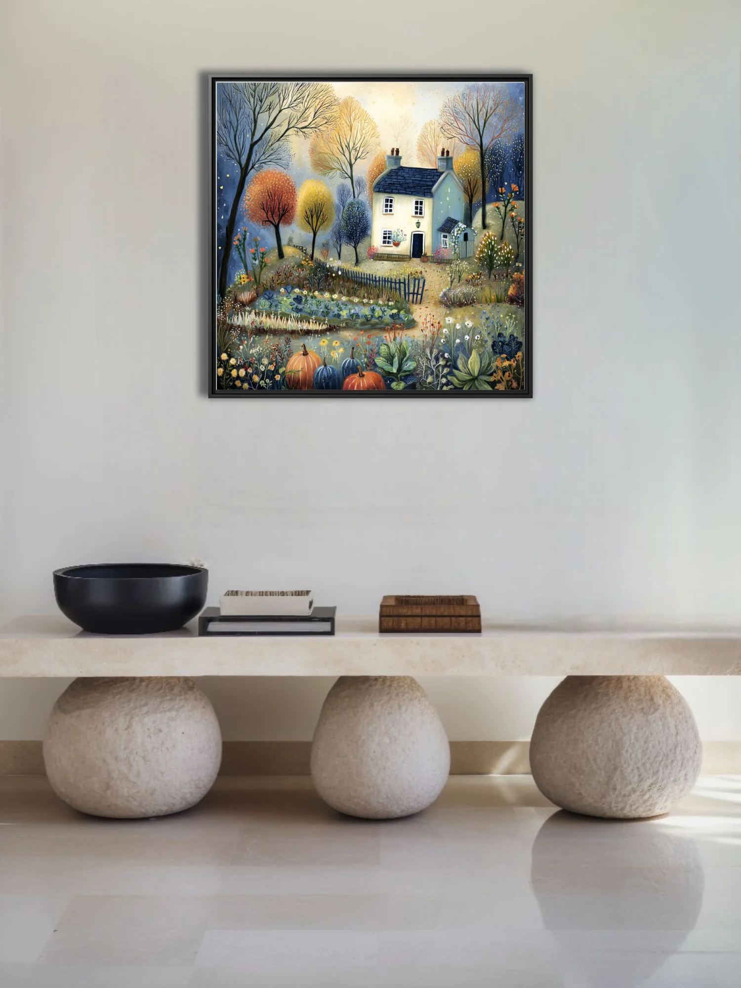 Folk-art cottage illustration with autumnal trees, garden botanicals, and pumpkins in warm earthy tones