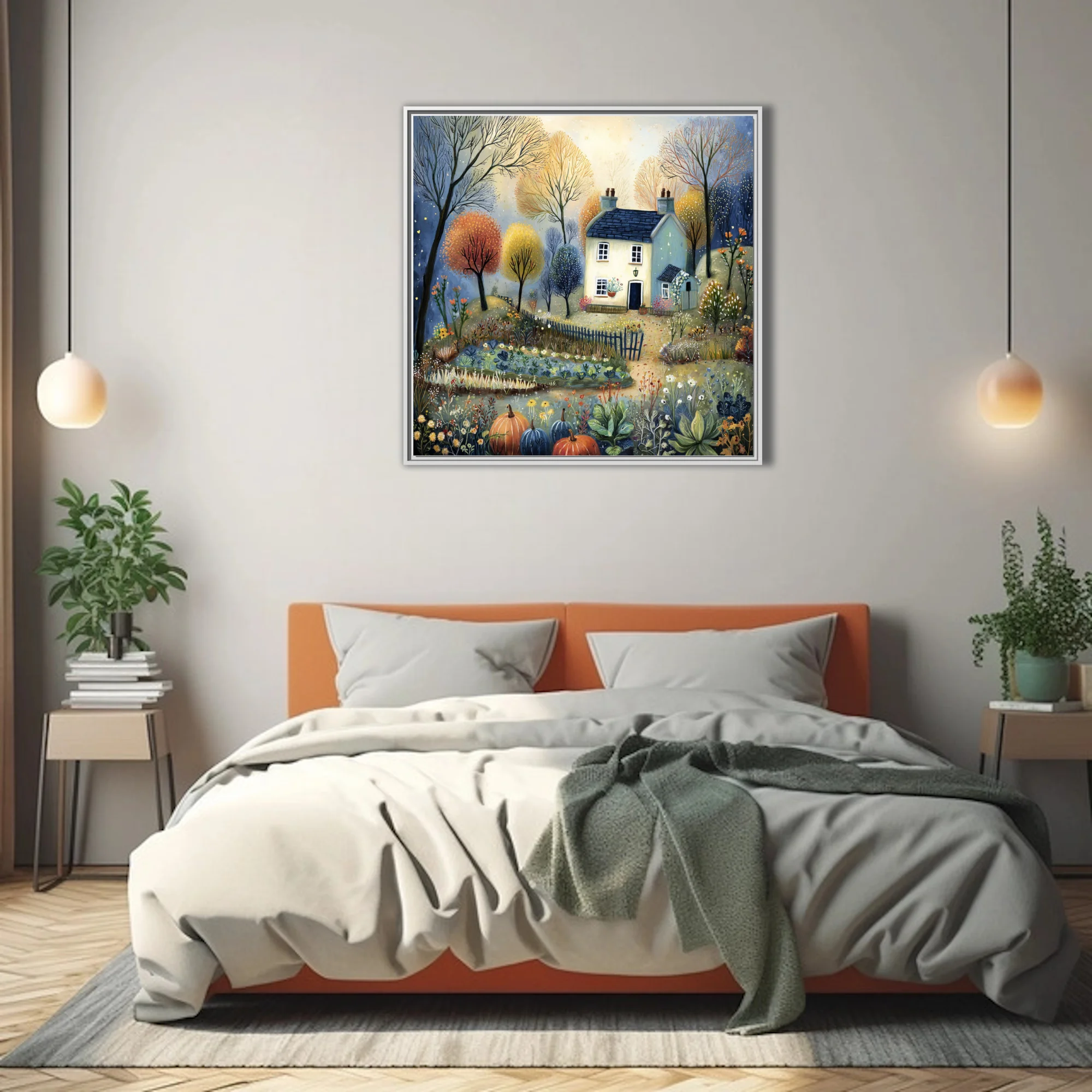 Folk-art cottage illustration with autumnal trees, garden botanicals, and pumpkins in warm earthy tones