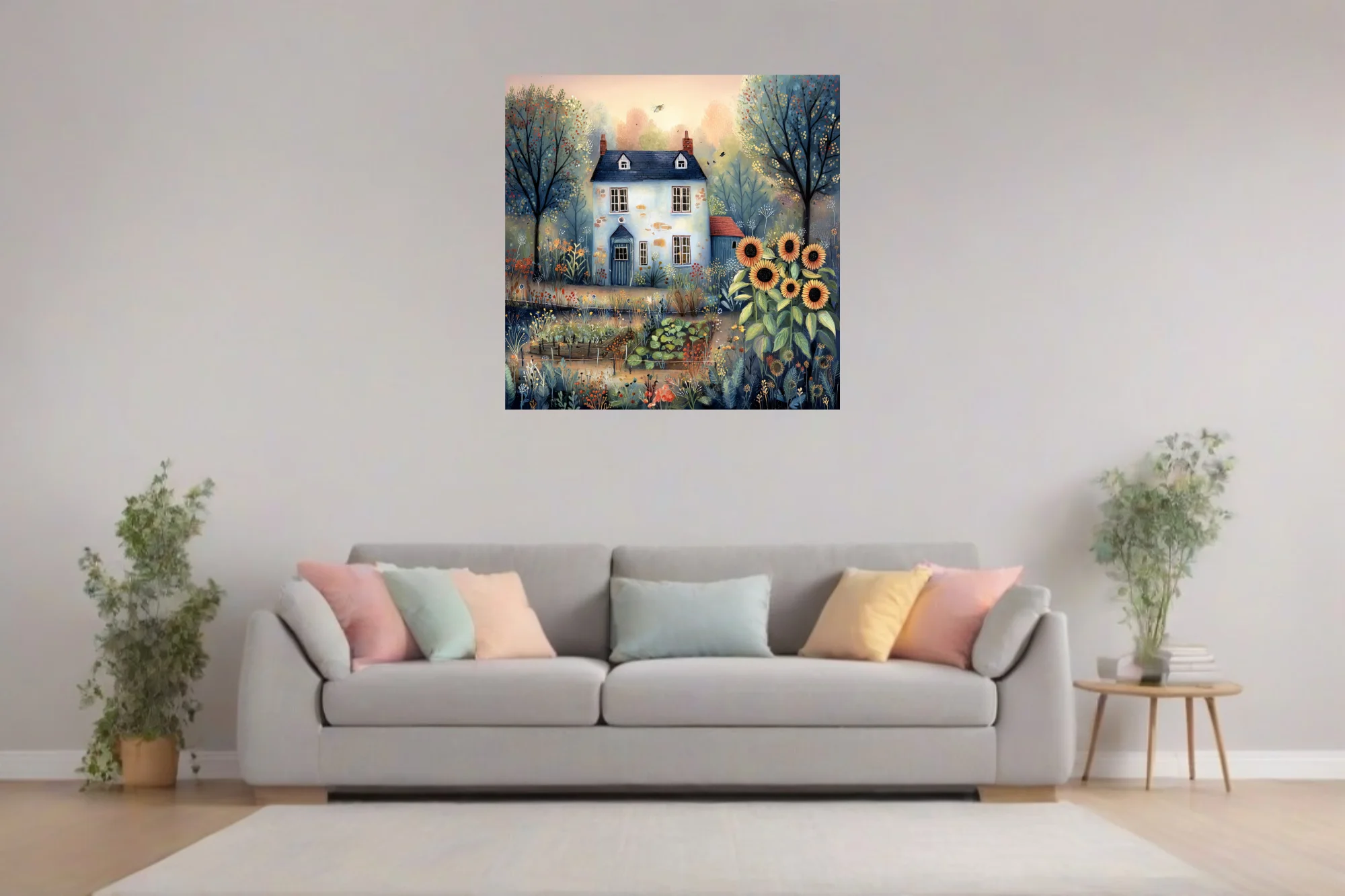 Folk-art cottage garden scene with sunflowers, wildflowers, and blue farmhouse