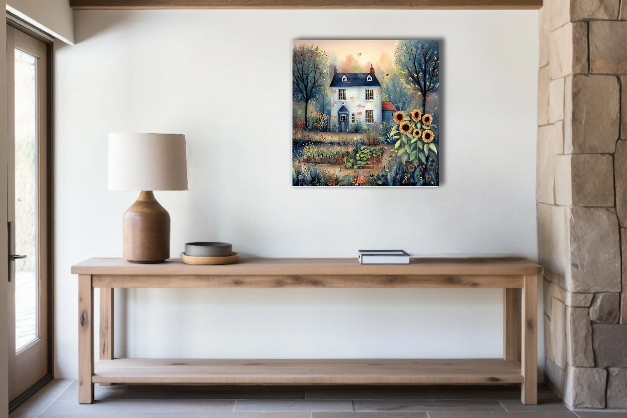 Folk-art cottage garden scene with sunflowers, wildflowers, and blue farmhouse