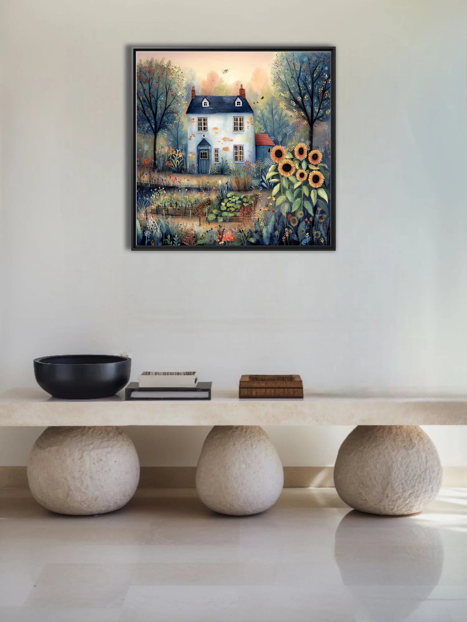 Folk-art cottage garden scene with sunflowers, wildflowers, and blue farmhouse