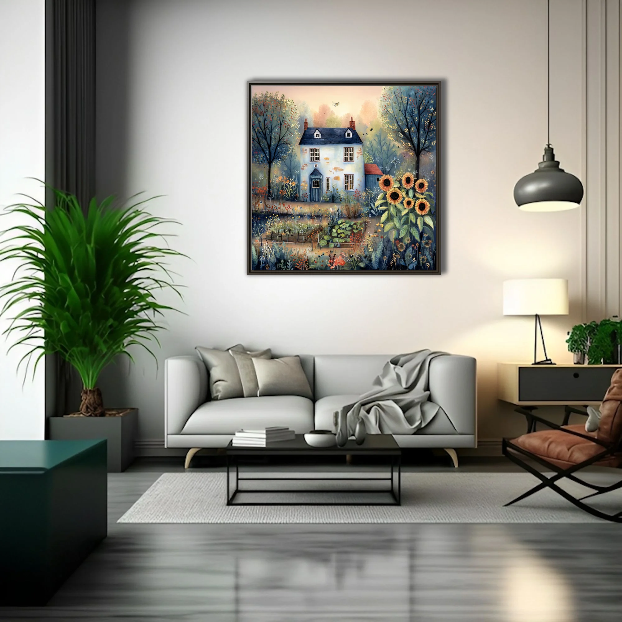 Folk-art cottage garden scene with sunflowers, wildflowers, and blue farmhouse