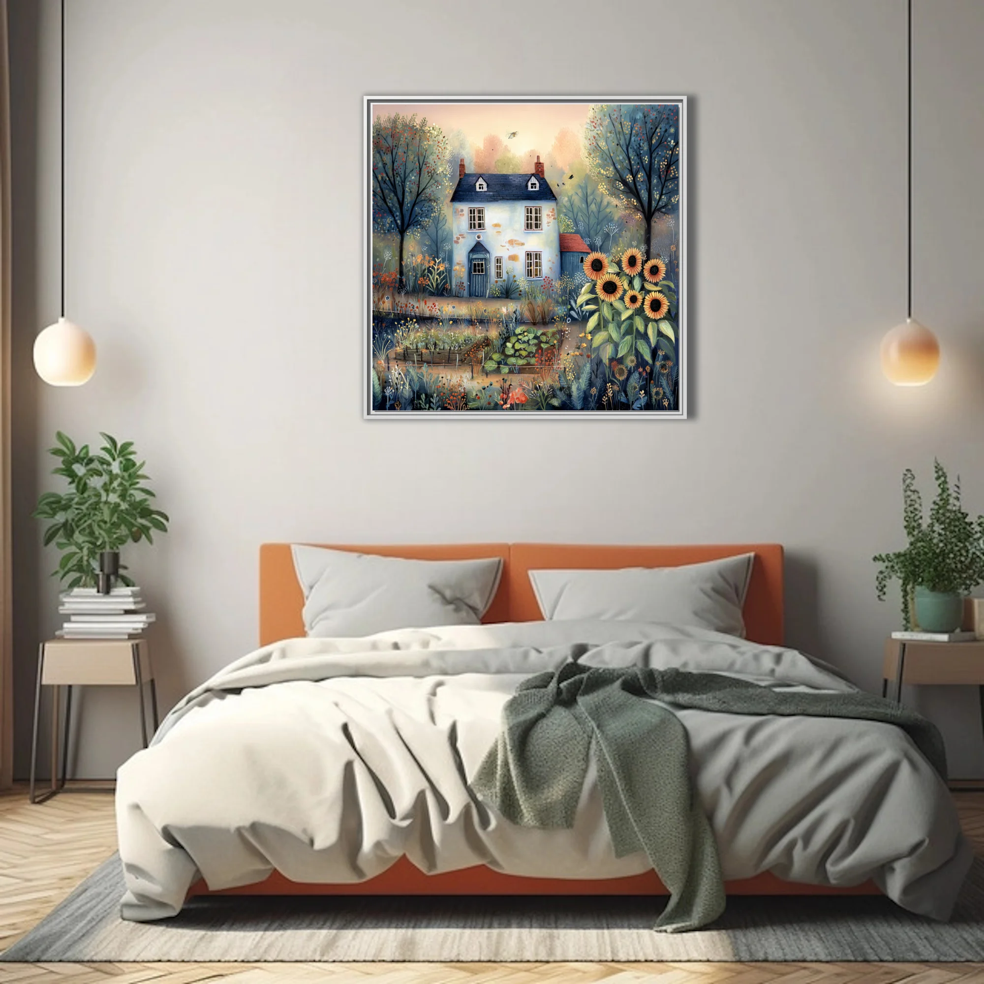 Folk-art cottage garden scene with sunflowers, wildflowers, and blue farmhouse