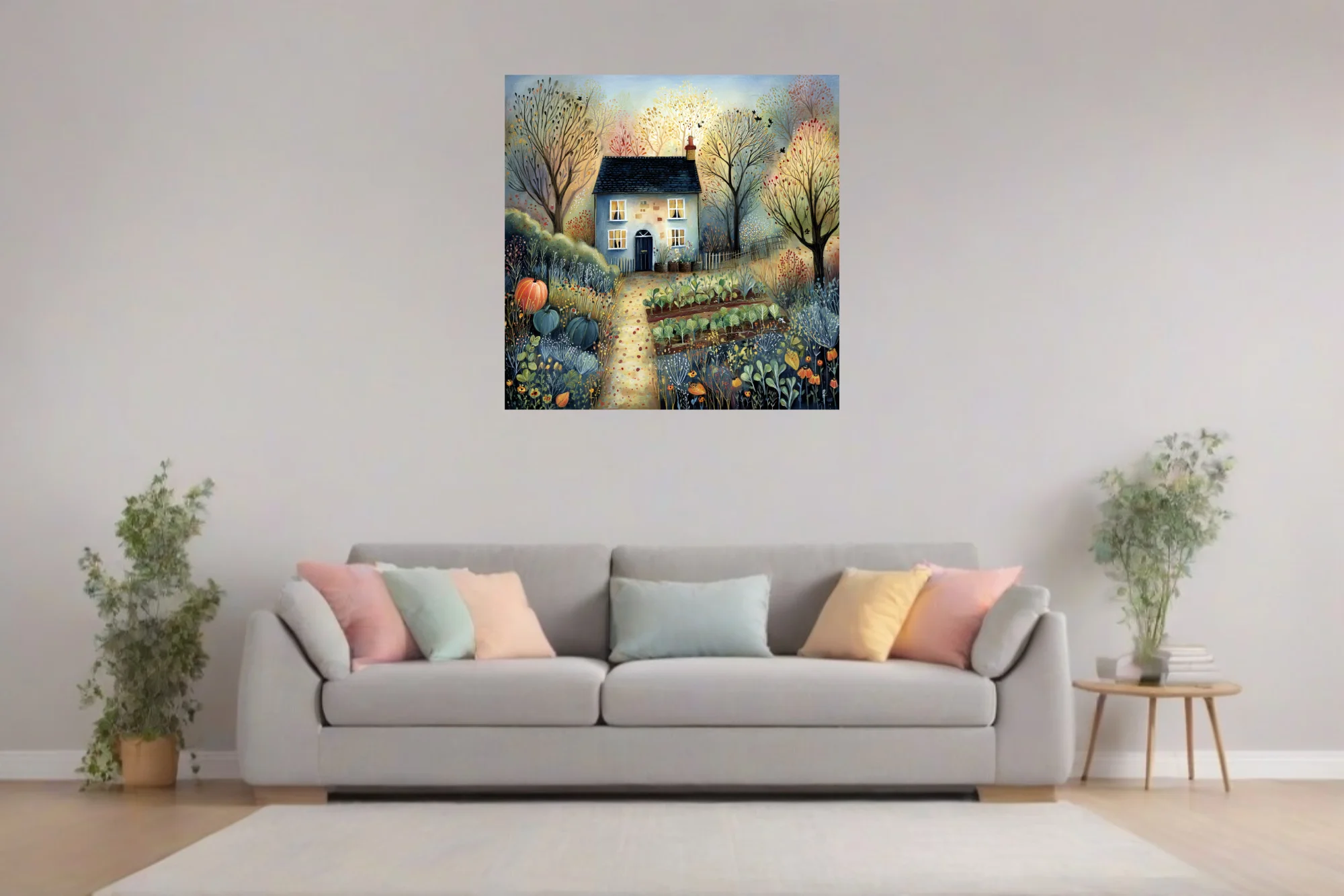 Folk-art style country cottage with autumn garden, gourds and vegetable beds, warm twilight palette