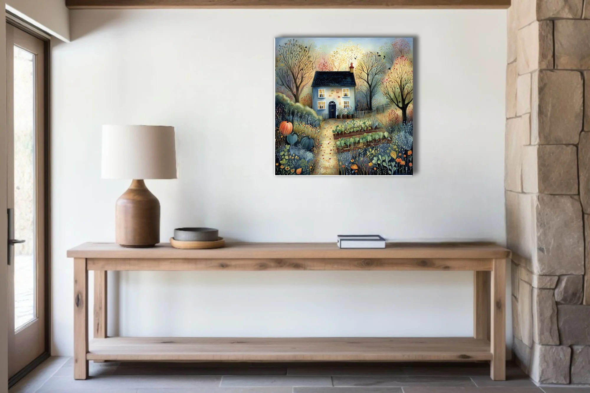 Folk-art style country cottage with autumn garden, gourds and vegetable beds, warm twilight palette