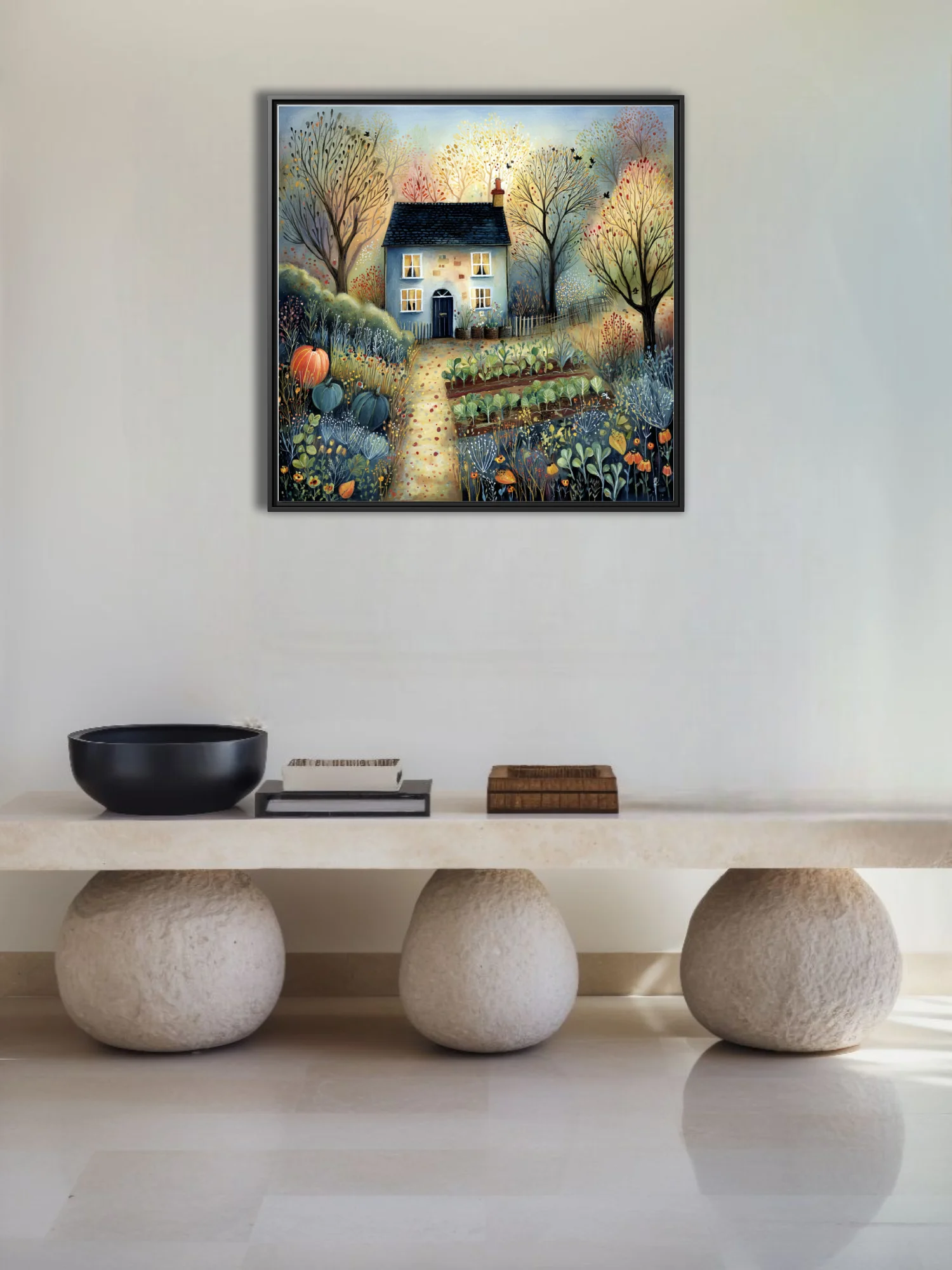 Folk-art style country cottage with autumn garden, gourds and vegetable beds, warm twilight palette