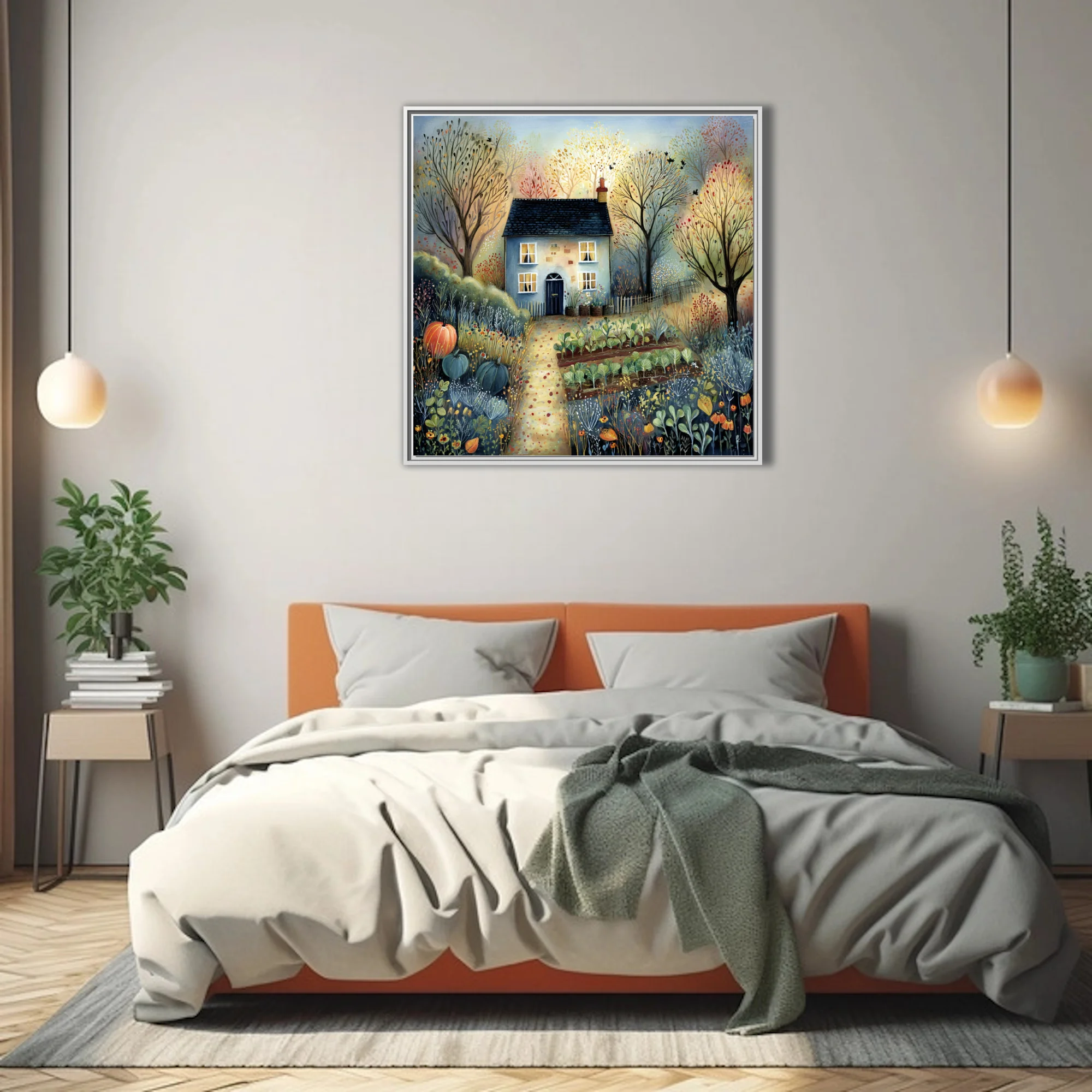Folk-art style country cottage with autumn garden, gourds and vegetable beds, warm twilight palette