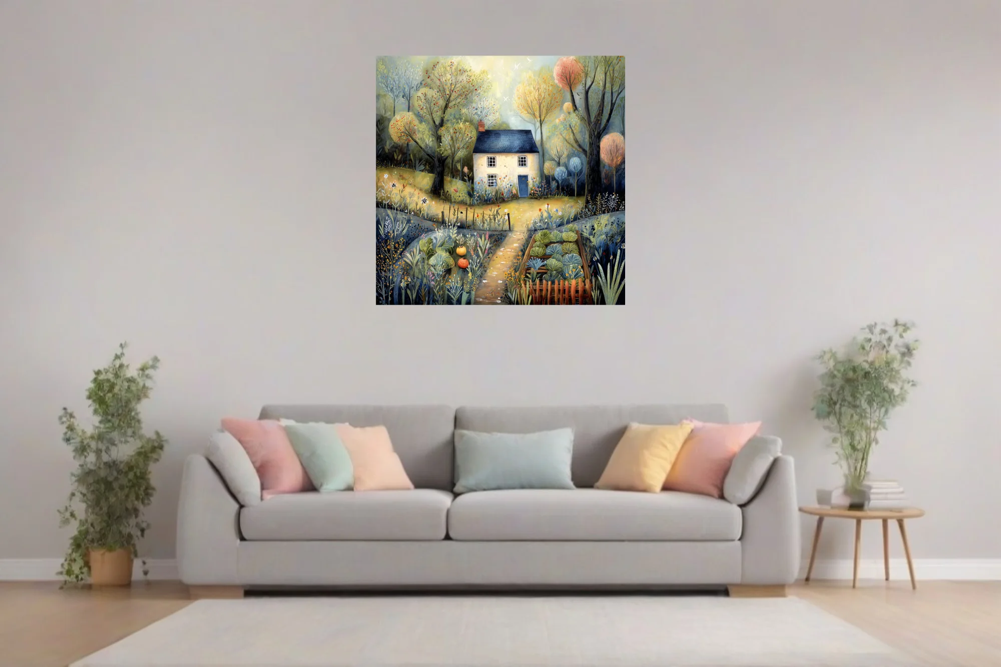 Folk-art cottage landscape with wild garden, muted gold and blue palette