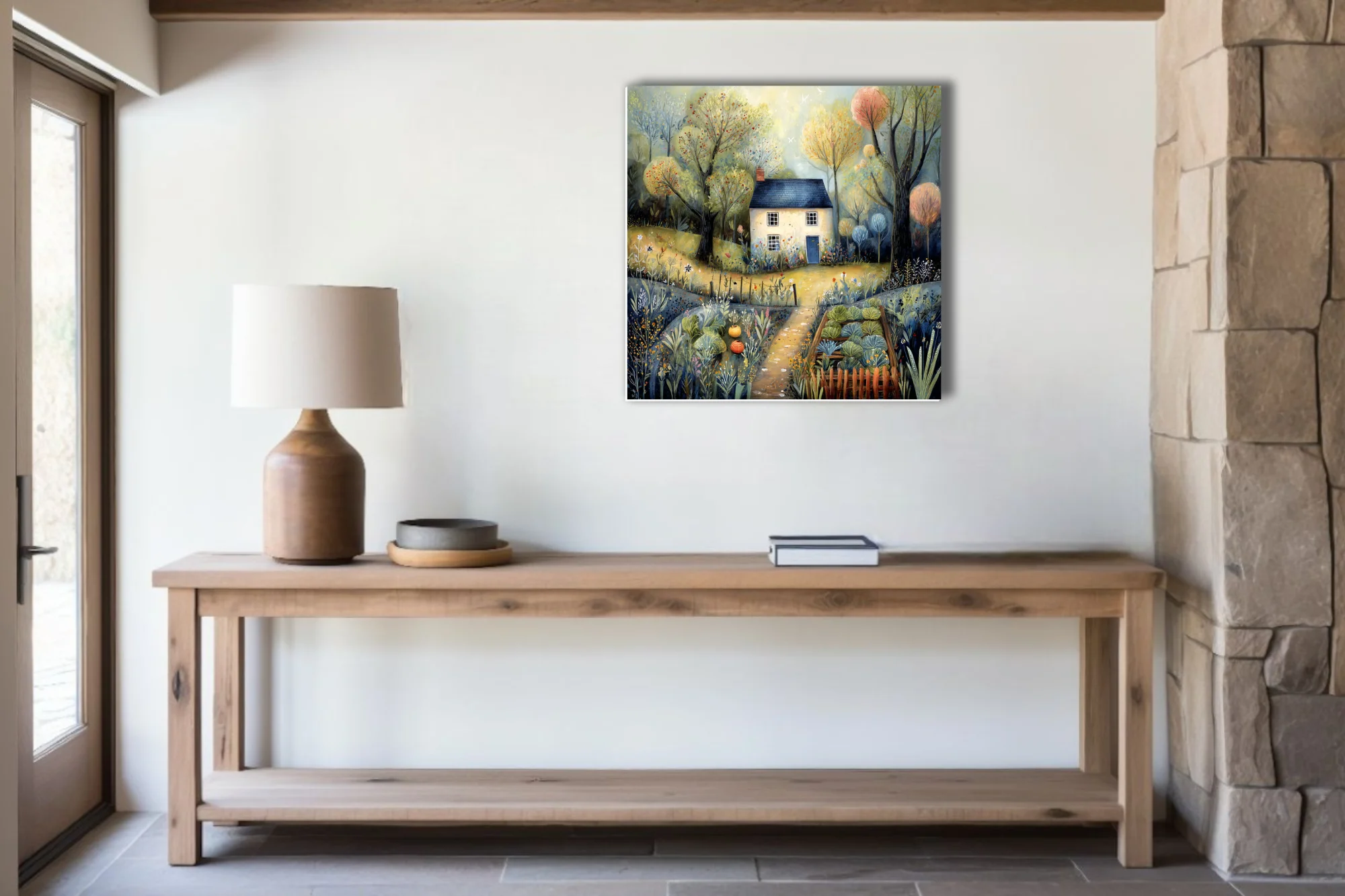 Folk-art cottage landscape with wild garden, muted gold and blue palette