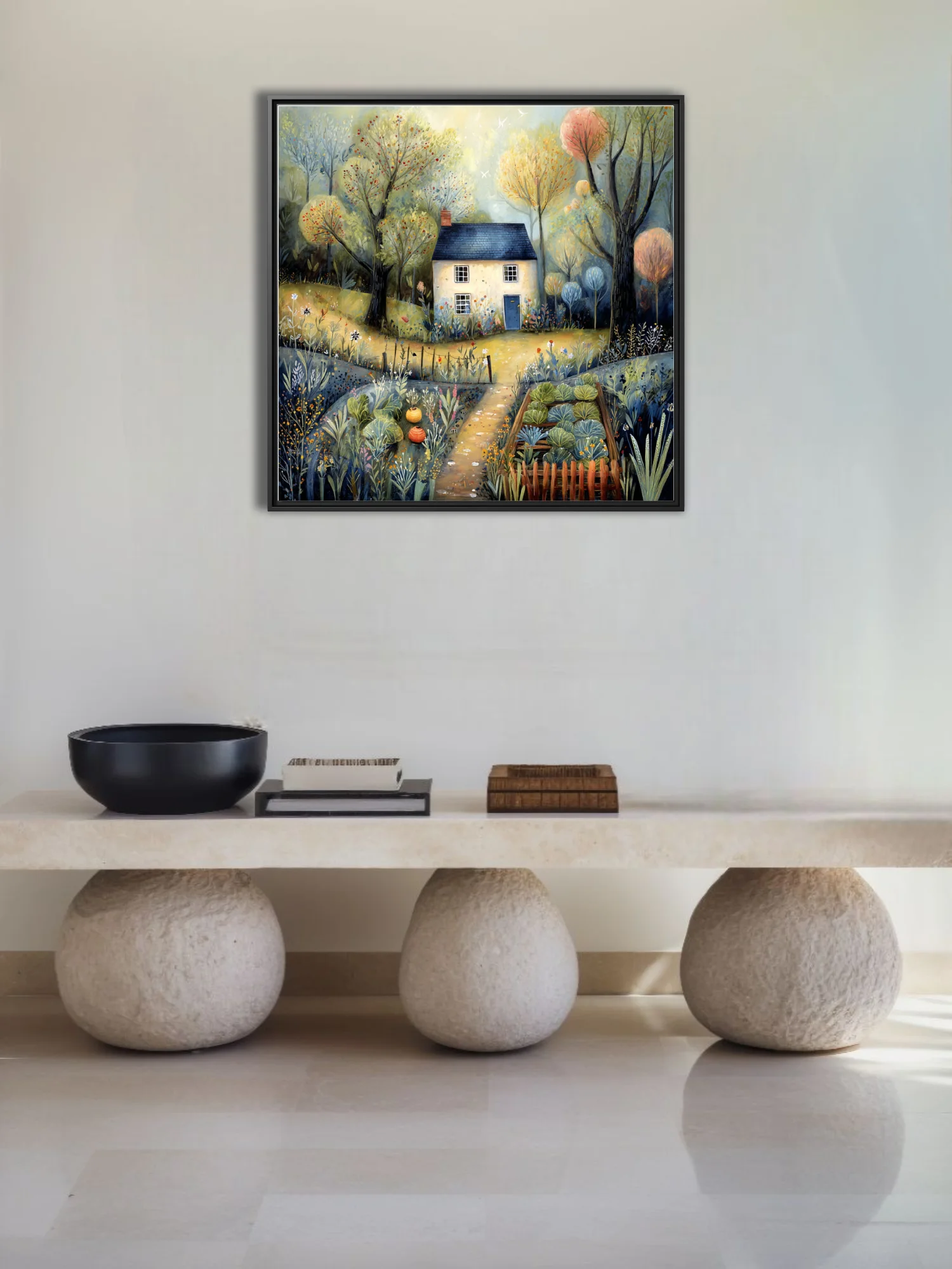 Folk-art cottage landscape with wild garden, muted gold and blue palette