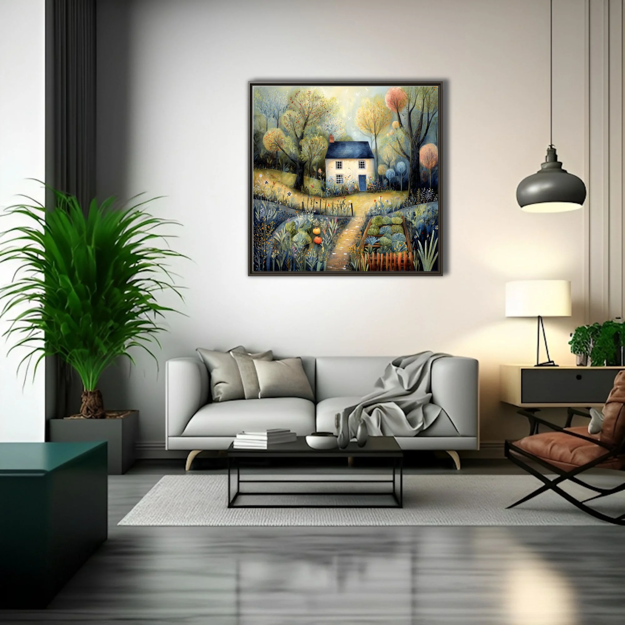 Folk-art cottage landscape with wild garden, muted gold and blue palette