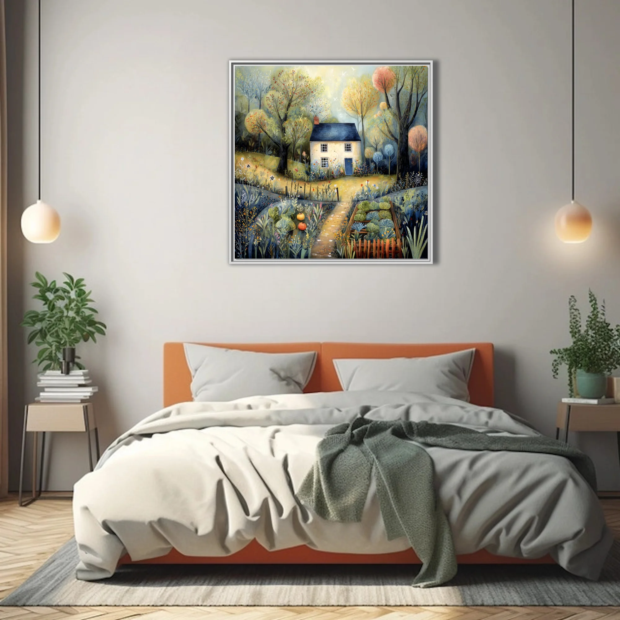 Folk-art cottage landscape with wild garden, muted gold and blue palette