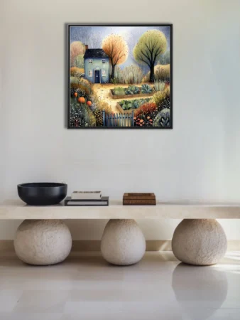 Folk-style autumn cottage with kitchen garden, blue walls, amber trees, earthy palette