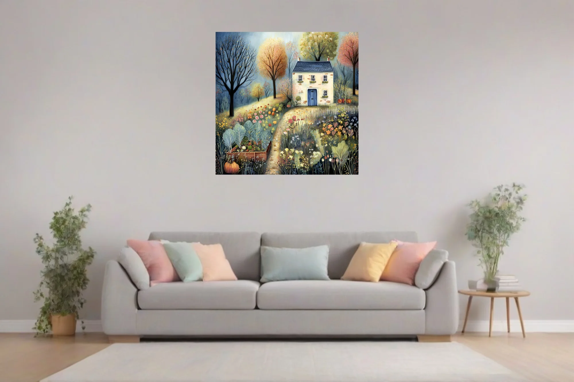 Folk-art autumn cottage garden, warm amber and blue, whimsical botanical illustration style