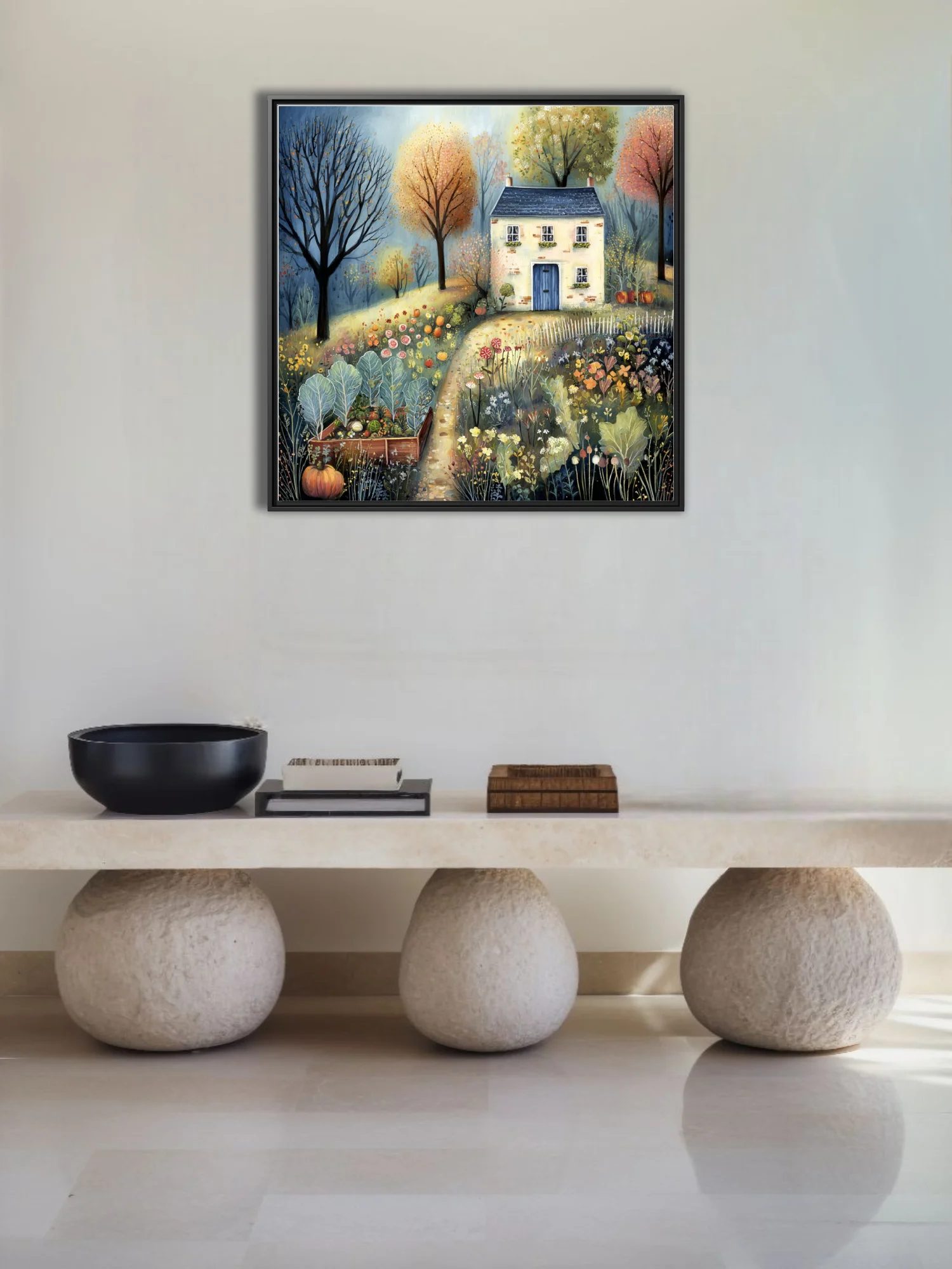 Folk-art autumn cottage garden, warm amber and blue, whimsical botanical illustration style