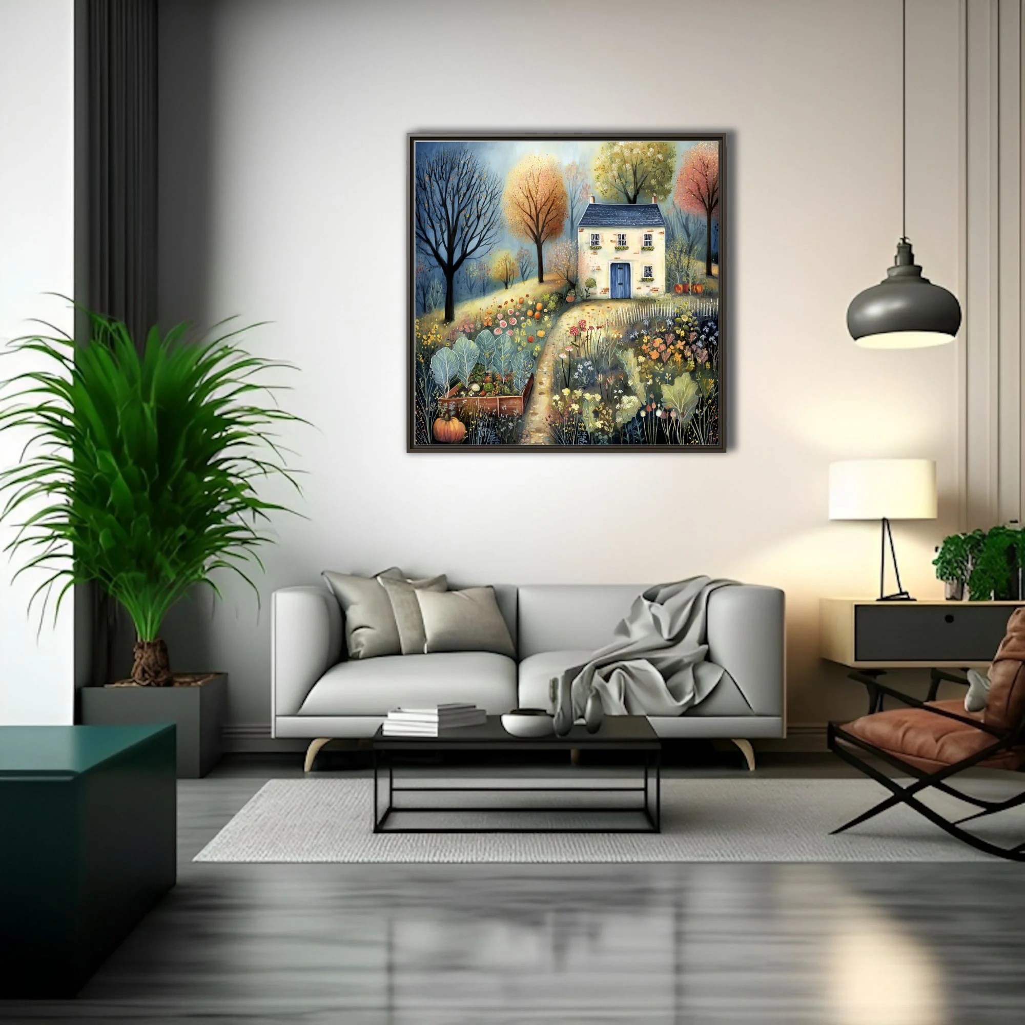 Folk-art autumn cottage garden, warm amber and blue, whimsical botanical illustration style