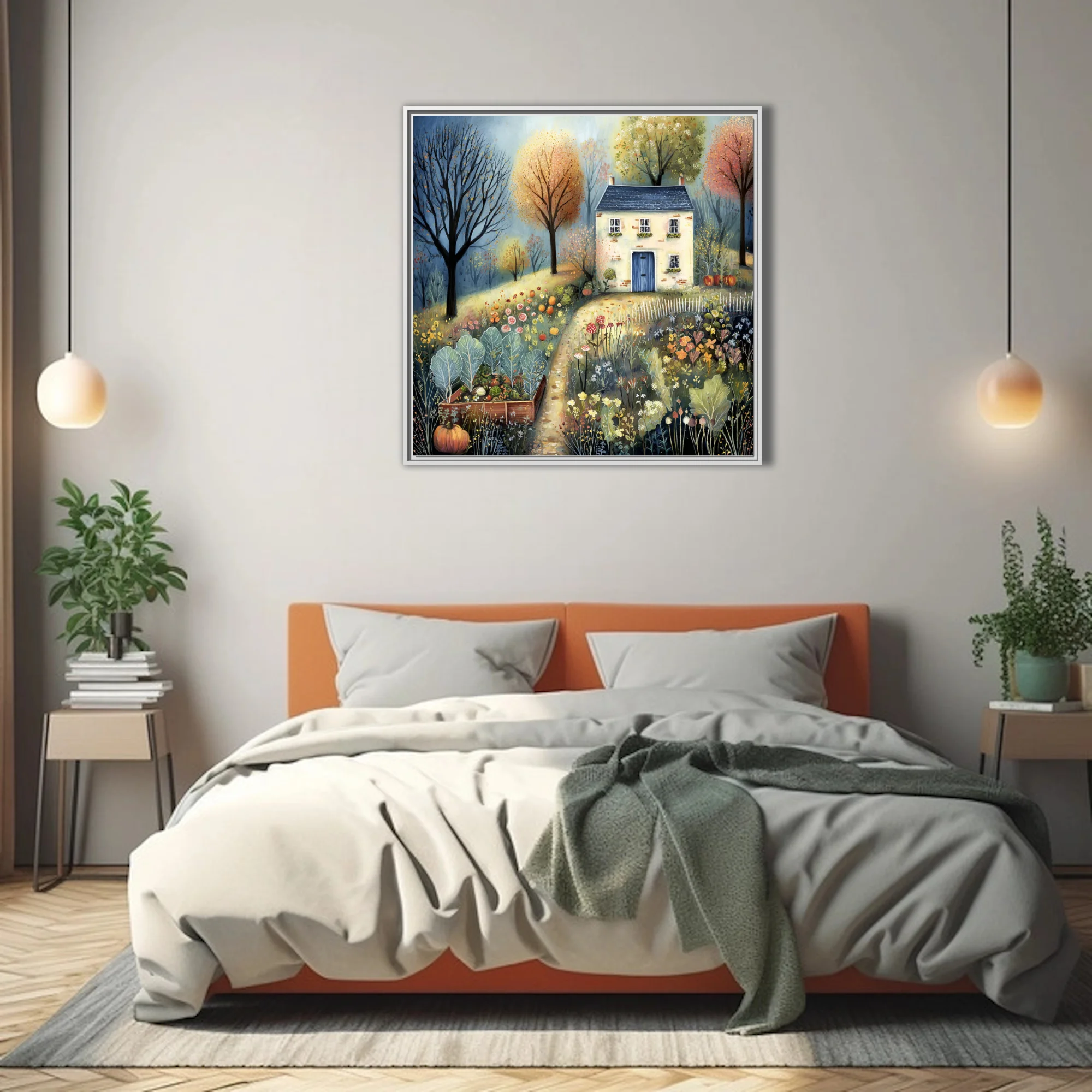 Folk-art autumn cottage garden, warm amber and blue, whimsical botanical illustration style