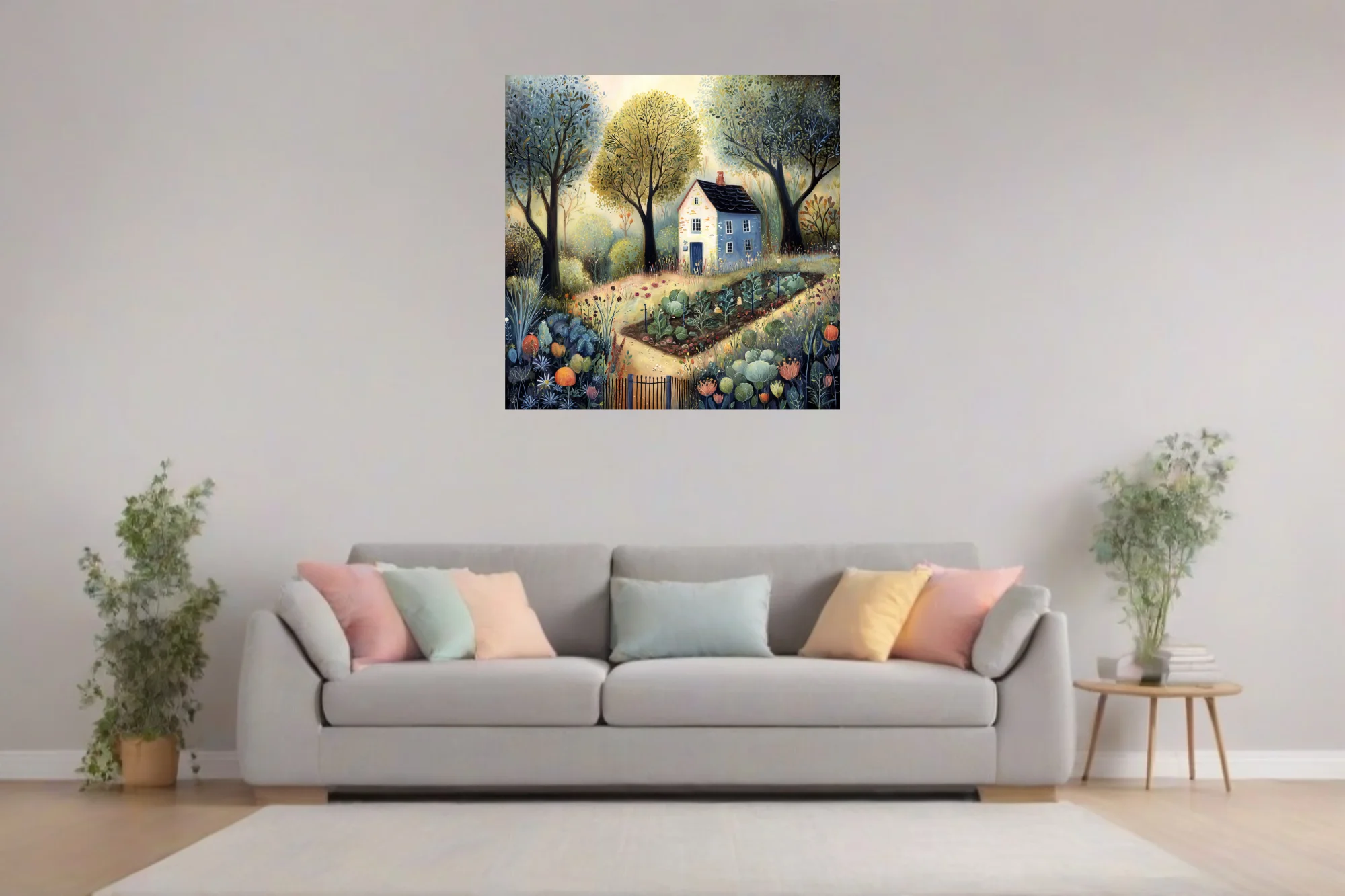 Folk-art style cottage garden illustration in muted blues, greens and ochre tones