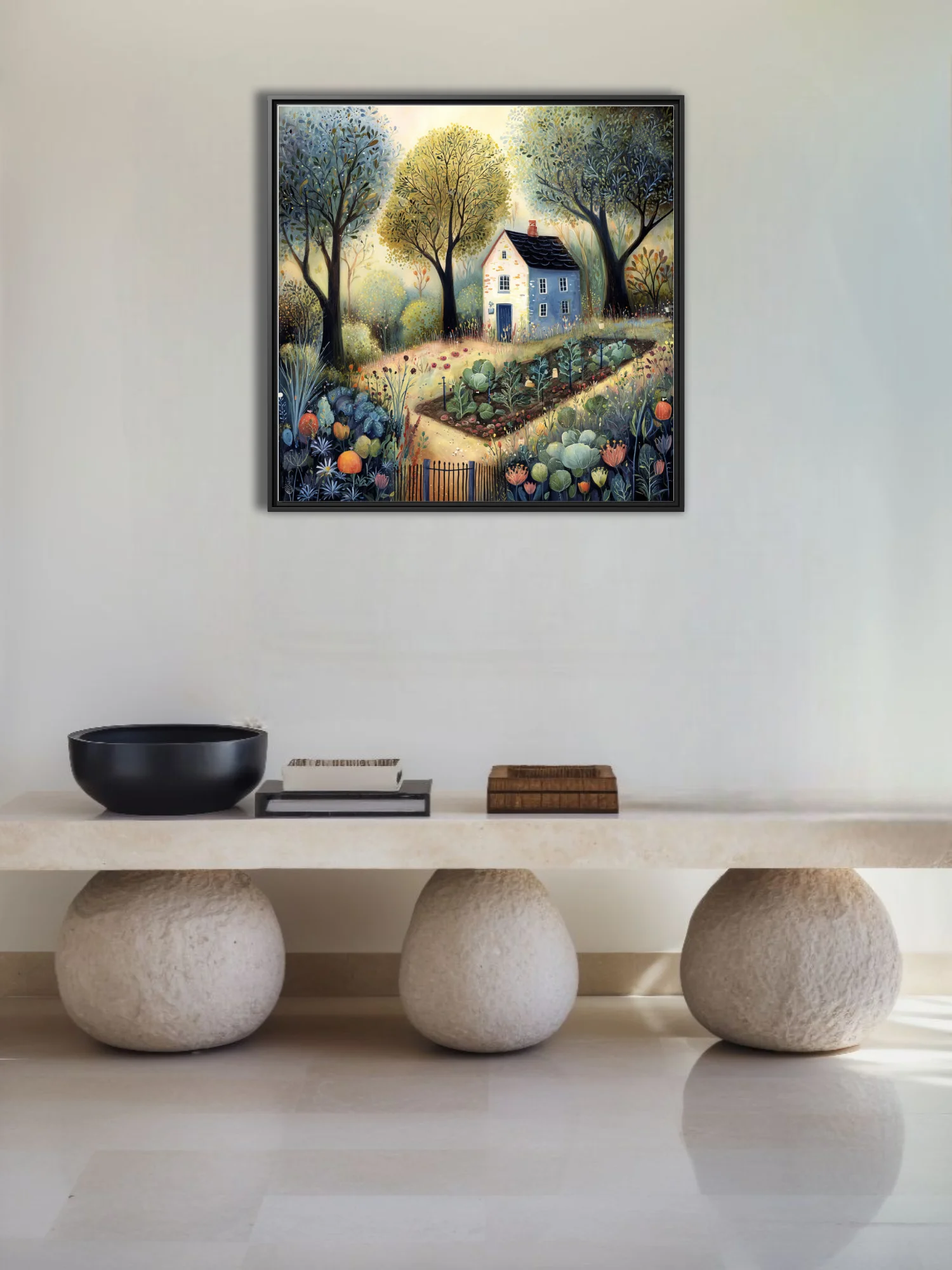 Folk-art style cottage garden illustration in muted blues, greens and ochre tones