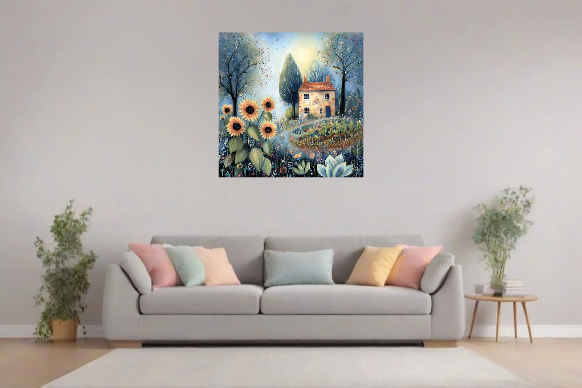 Folk-style stone cottage with sunflowers and wildflower garden in soft blue and terracotta tones