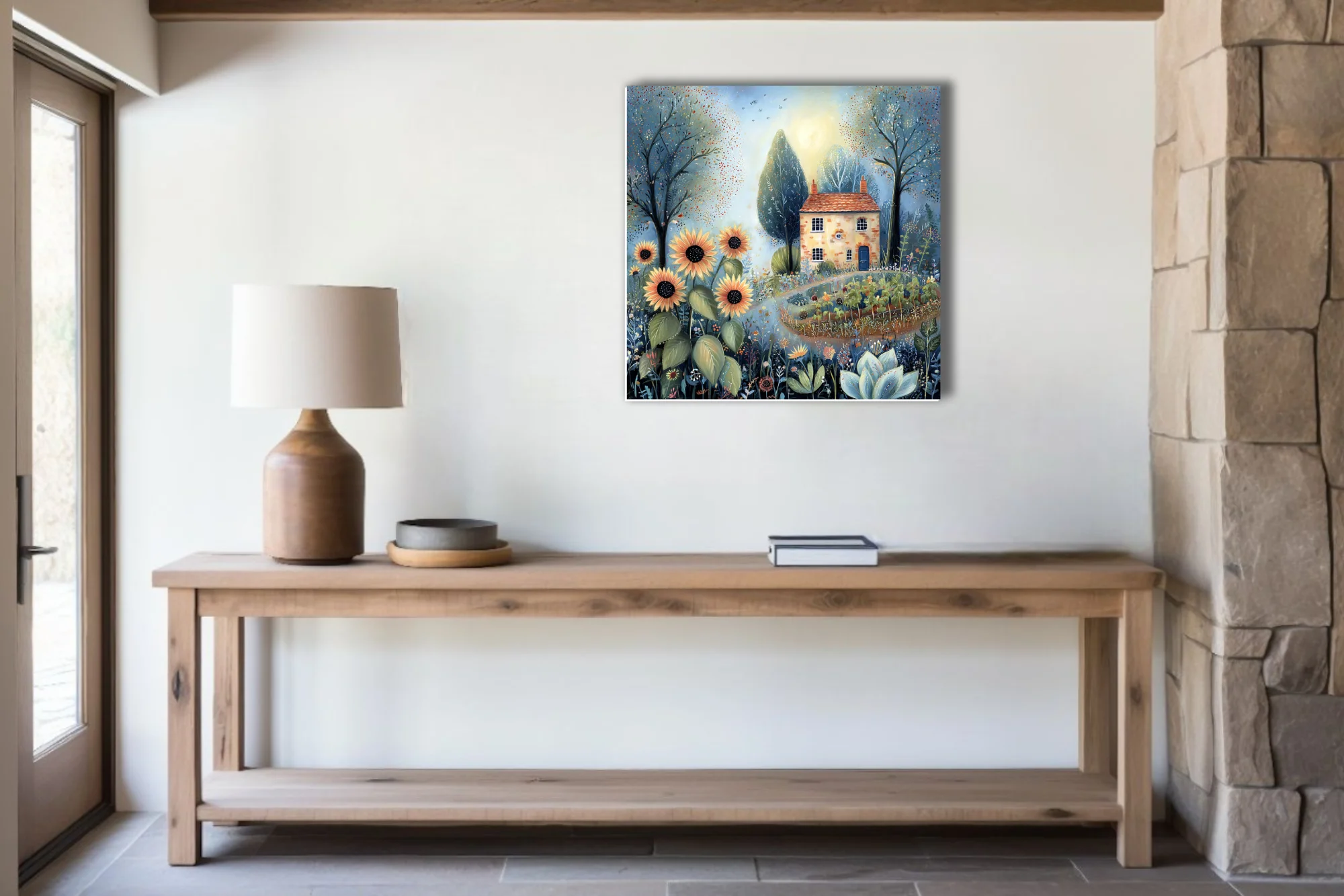 Folk-style stone cottage with sunflowers and wildflower garden in soft blue and terracotta tones