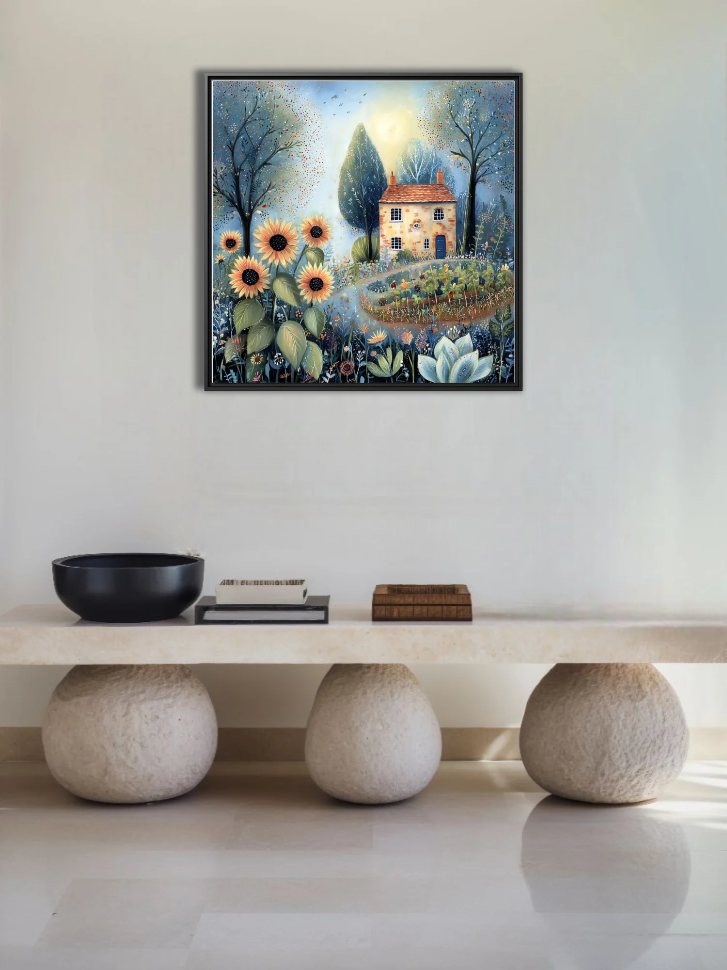 Folk-style stone cottage with sunflowers and wildflower garden in soft blue and terracotta tones
