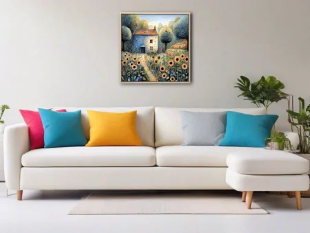 Folk-art style cottage garden with sunflowers, blue walls, golden trees, storybook palette