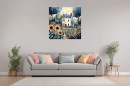 Folk-art country cottage with sunflowers and wildflower garden, navy and gold palette