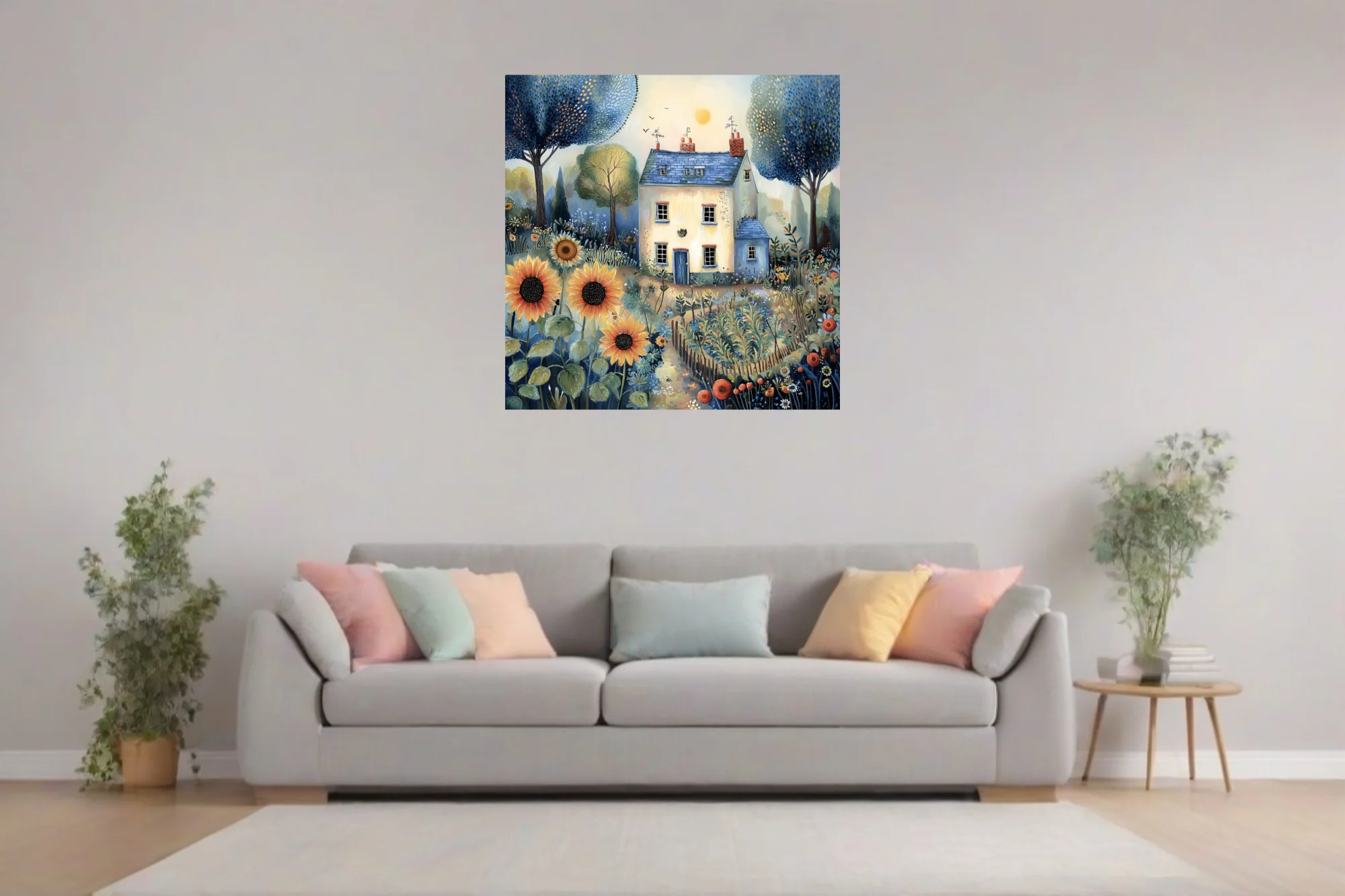 Folk-art country cottage with sunflowers and wildflower garden, navy and gold palette