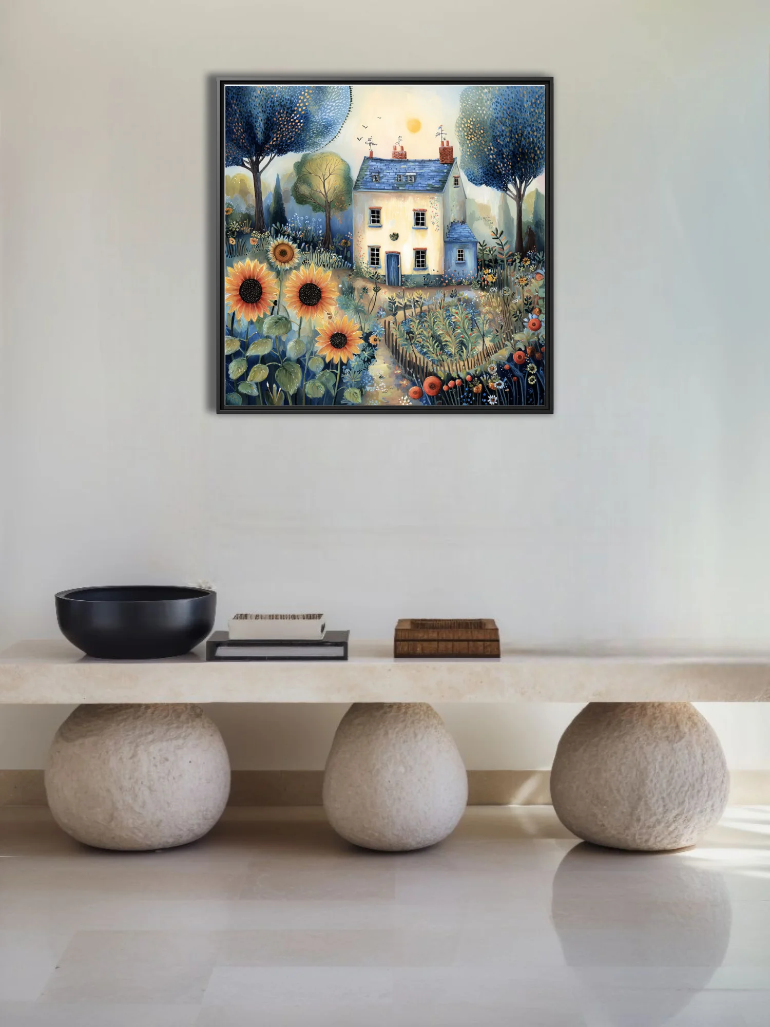 Folk-art country cottage with sunflowers and wildflower garden, navy and gold palette