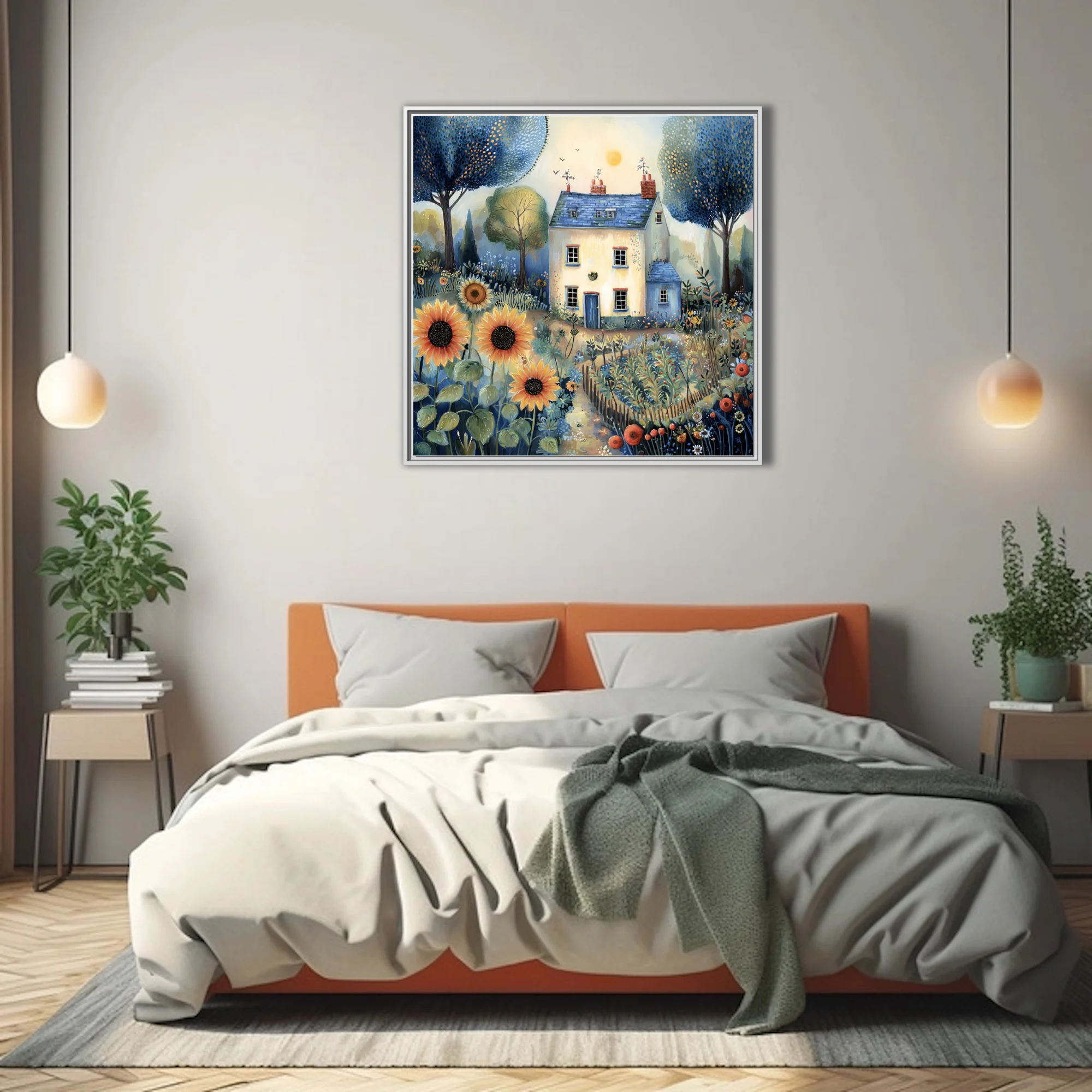 Folk-art country cottage with sunflowers and wildflower garden, navy and gold palette