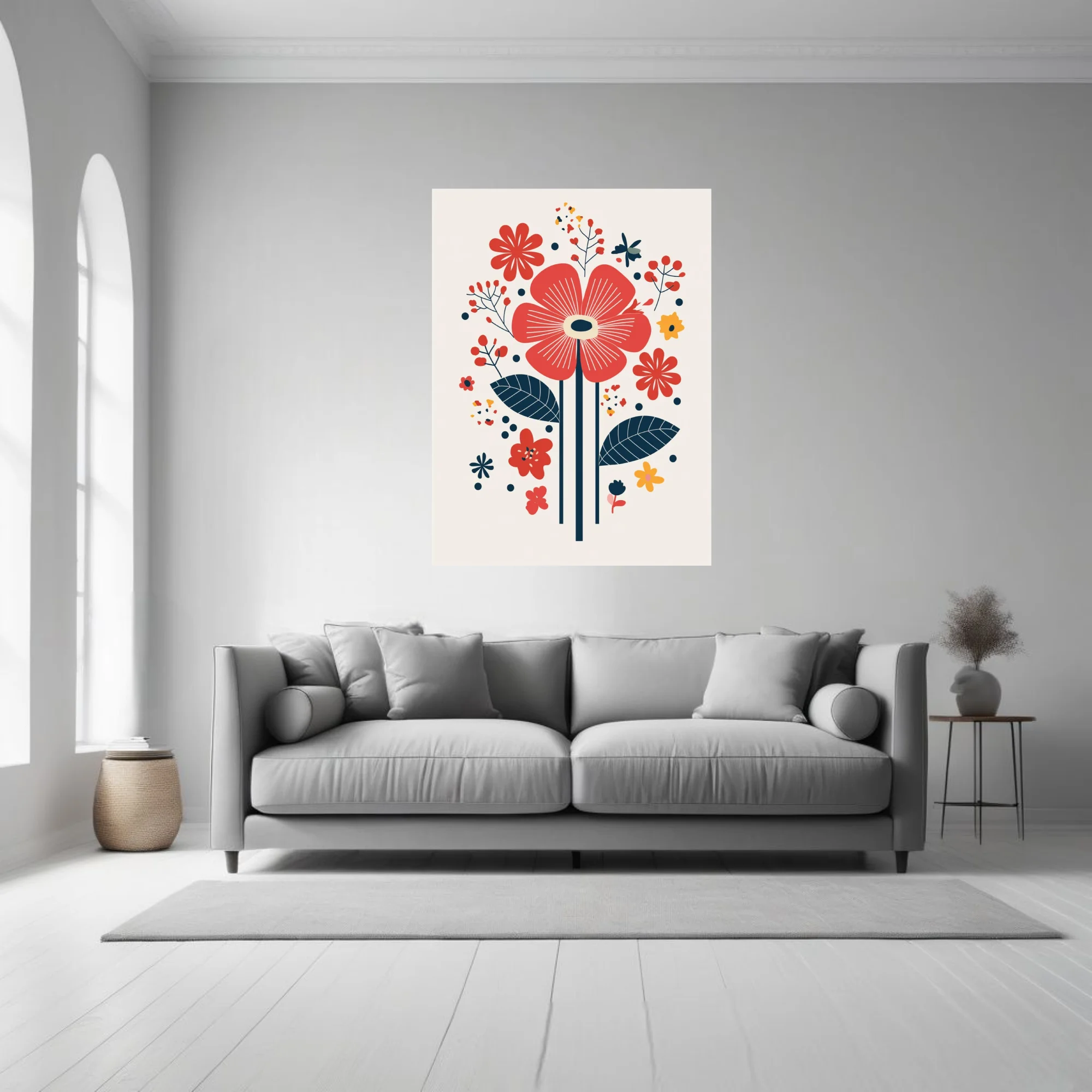 Scandinavian folk-art floral print, bold red and navy stylized flowers on cream