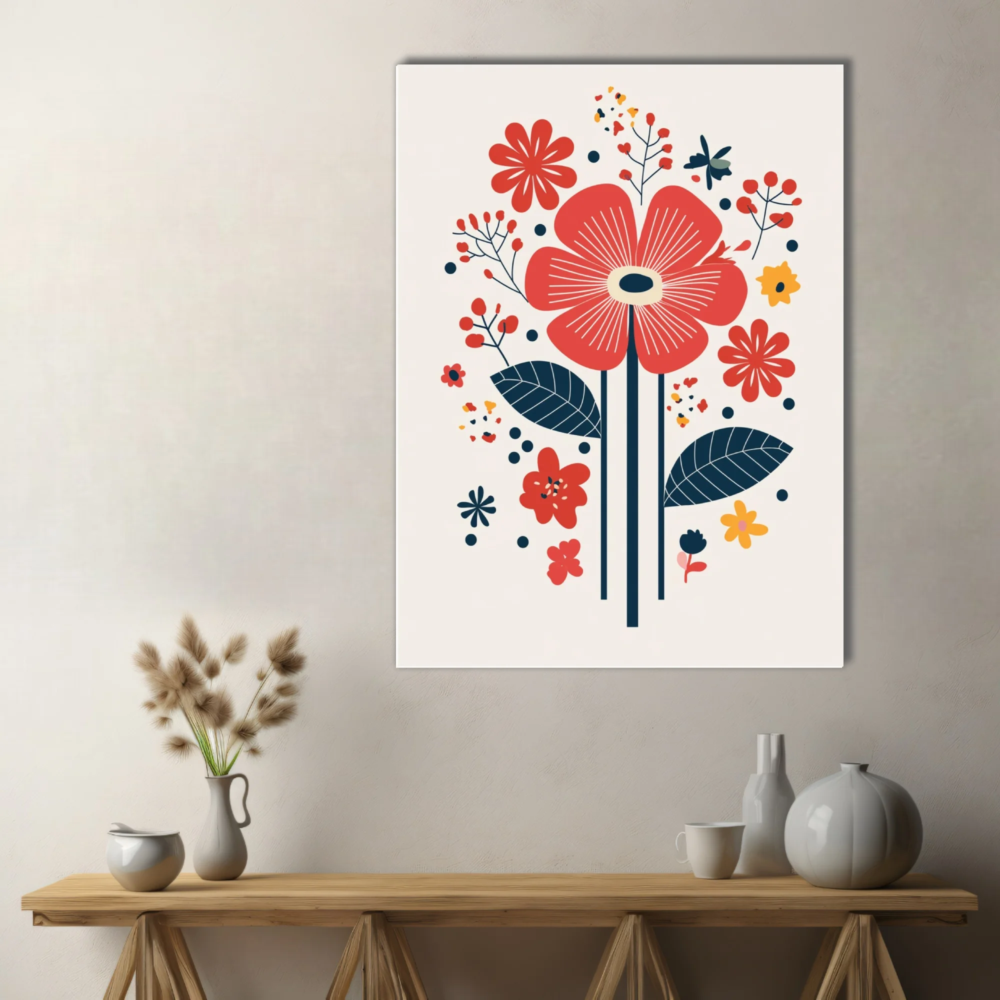 Scandinavian folk-art floral print, bold red and navy stylized flowers on cream