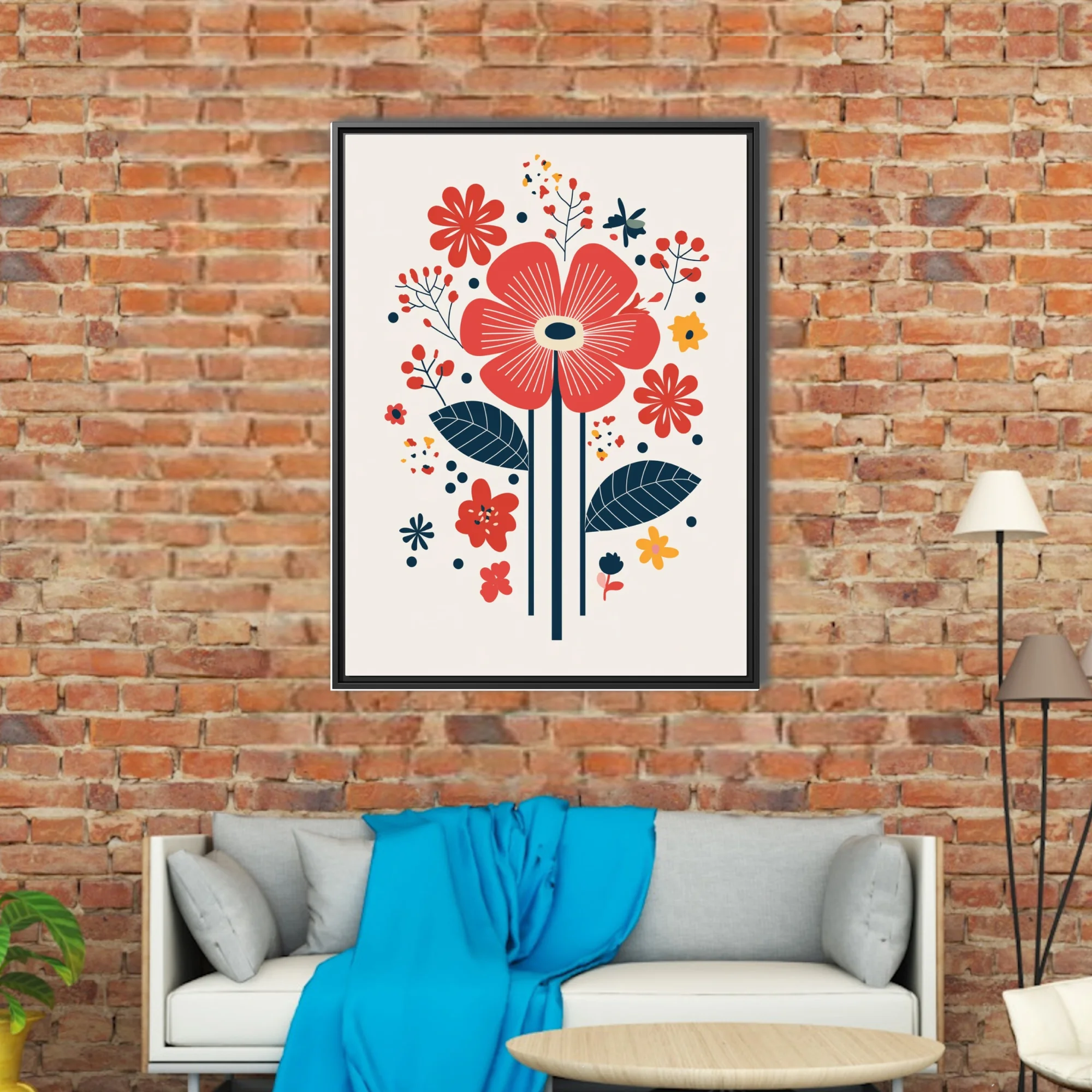 Scandinavian folk-art floral print, bold red and navy stylized flowers on cream