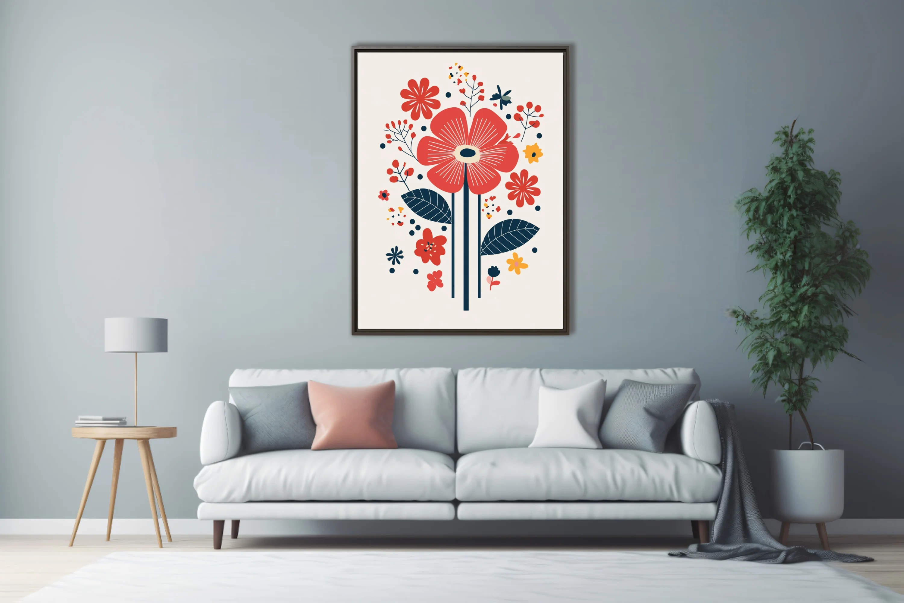 Scandinavian folk-art floral print, bold red and navy stylized flowers on cream