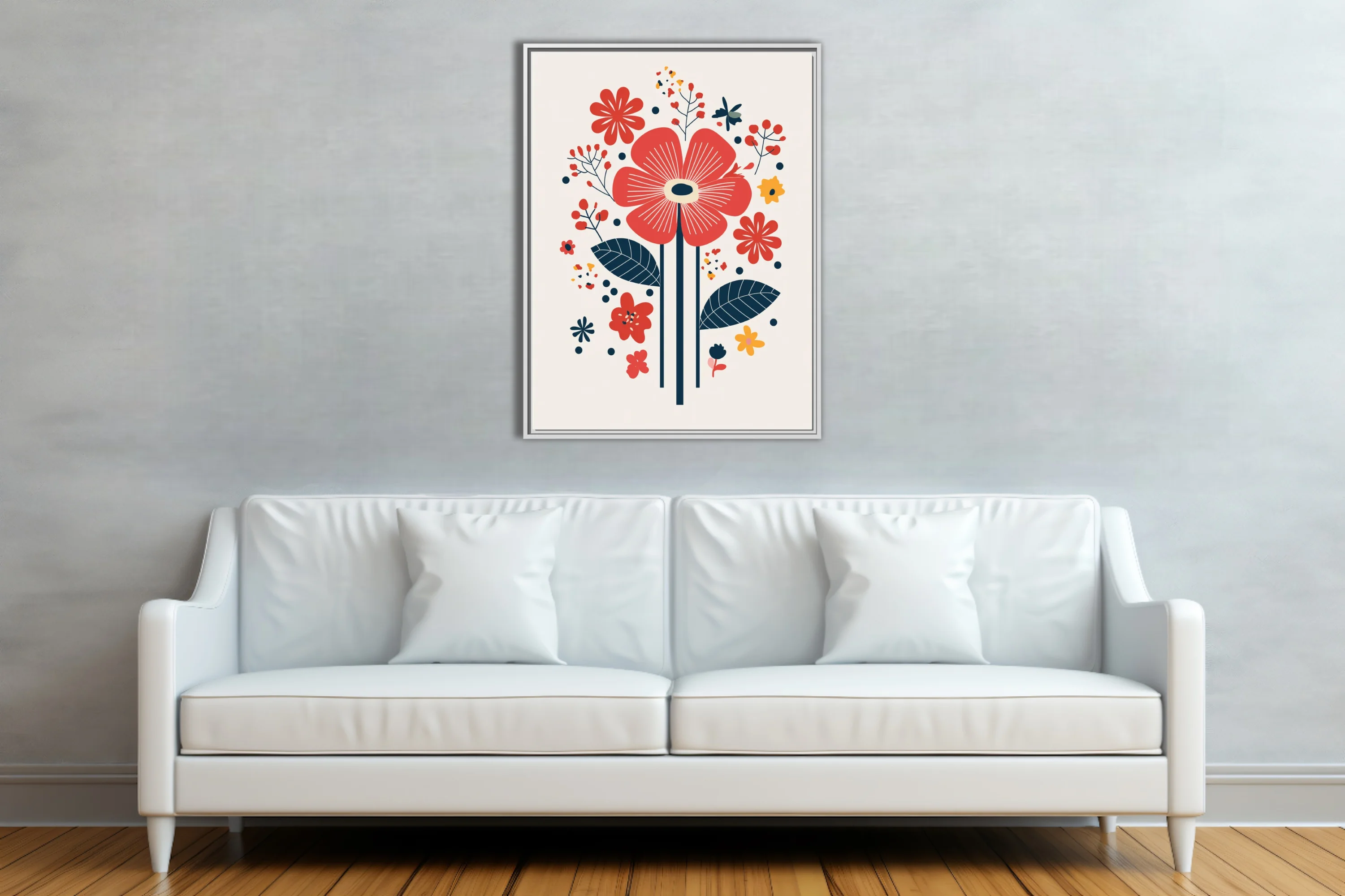 Scandinavian folk-art floral print, bold red and navy stylized flowers on cream