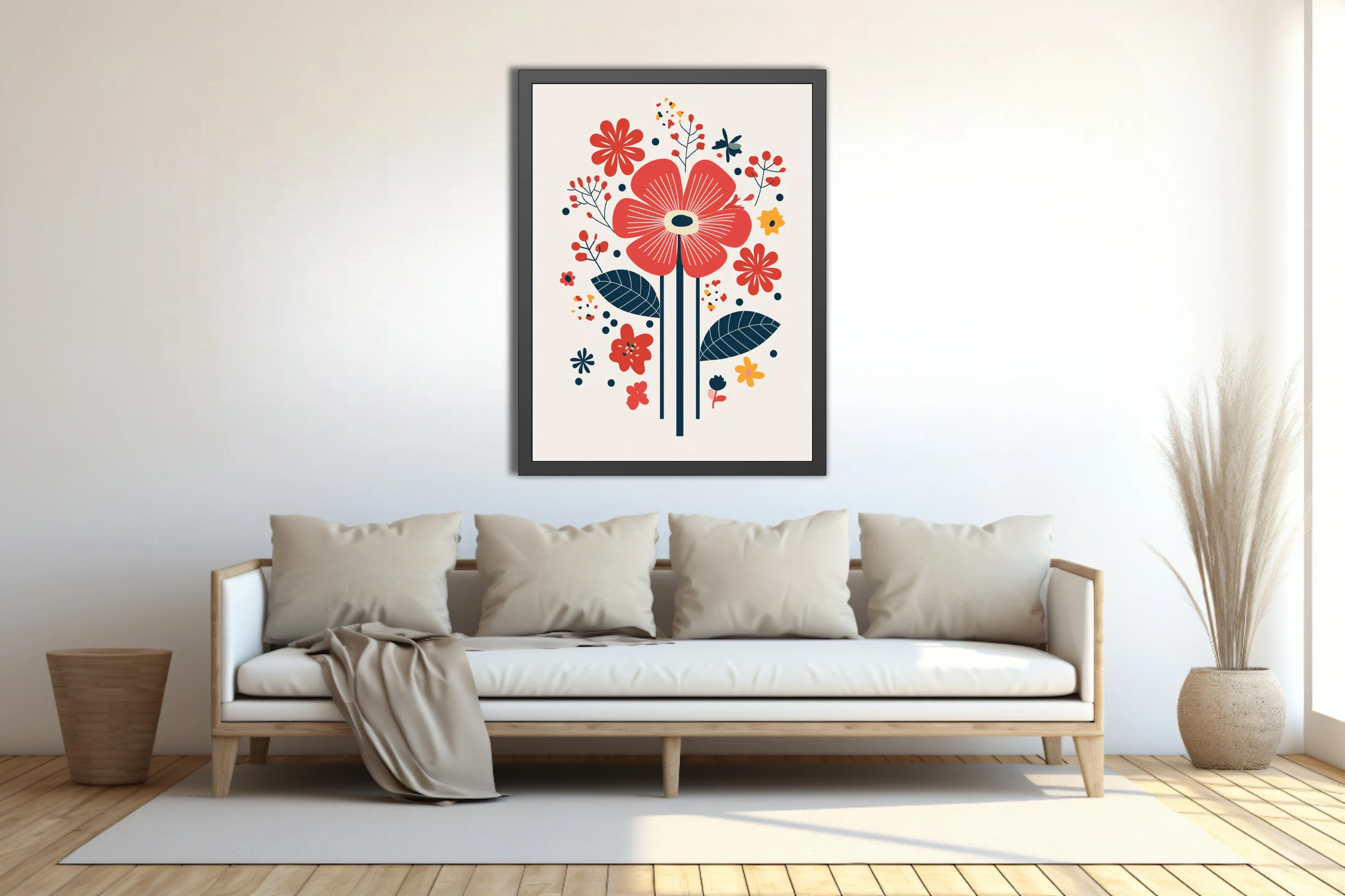 Scandinavian folk-art floral print, bold red and navy stylized flowers on cream