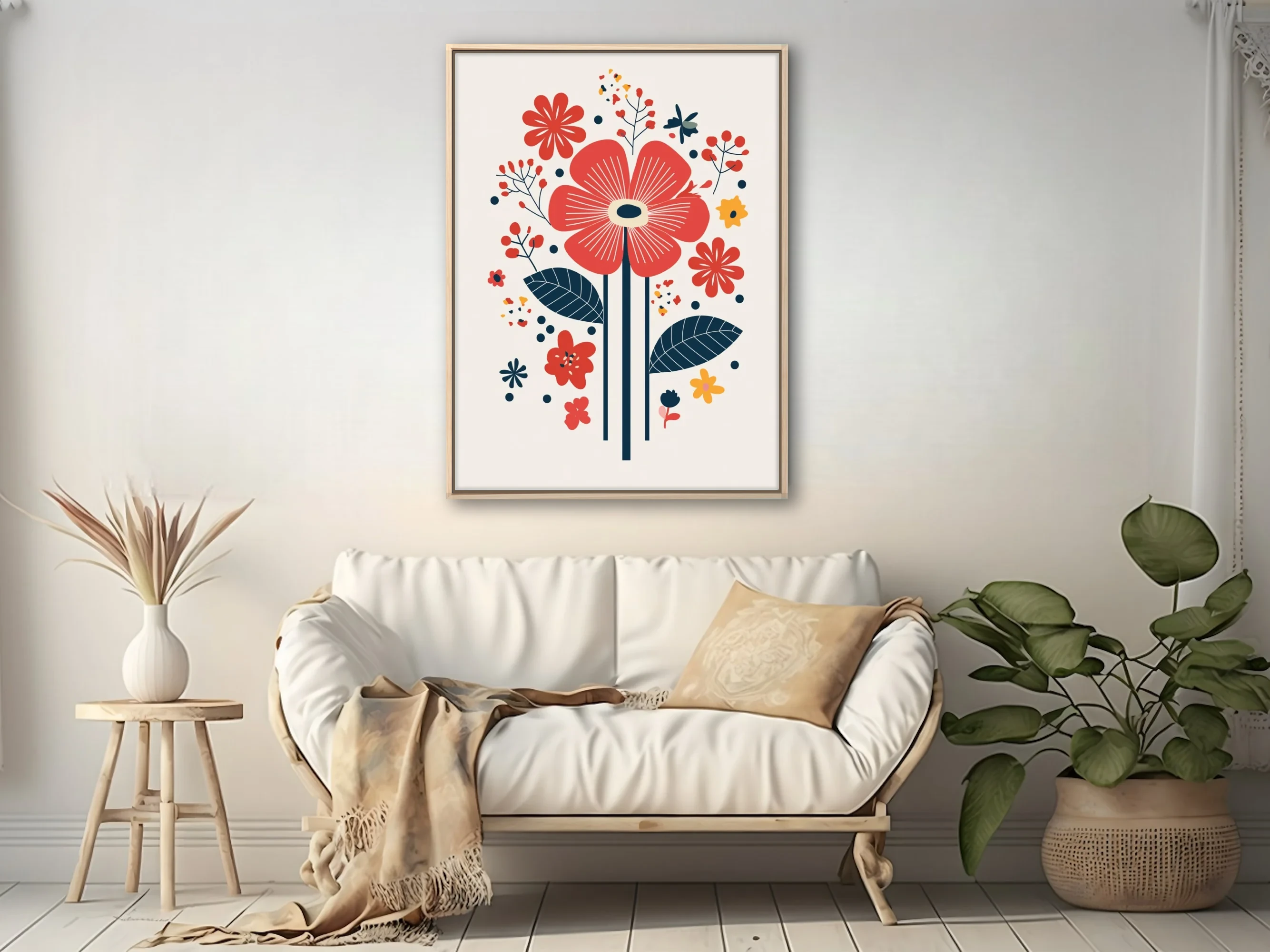 Scandinavian folk-art floral print, bold red and navy stylized flowers on cream