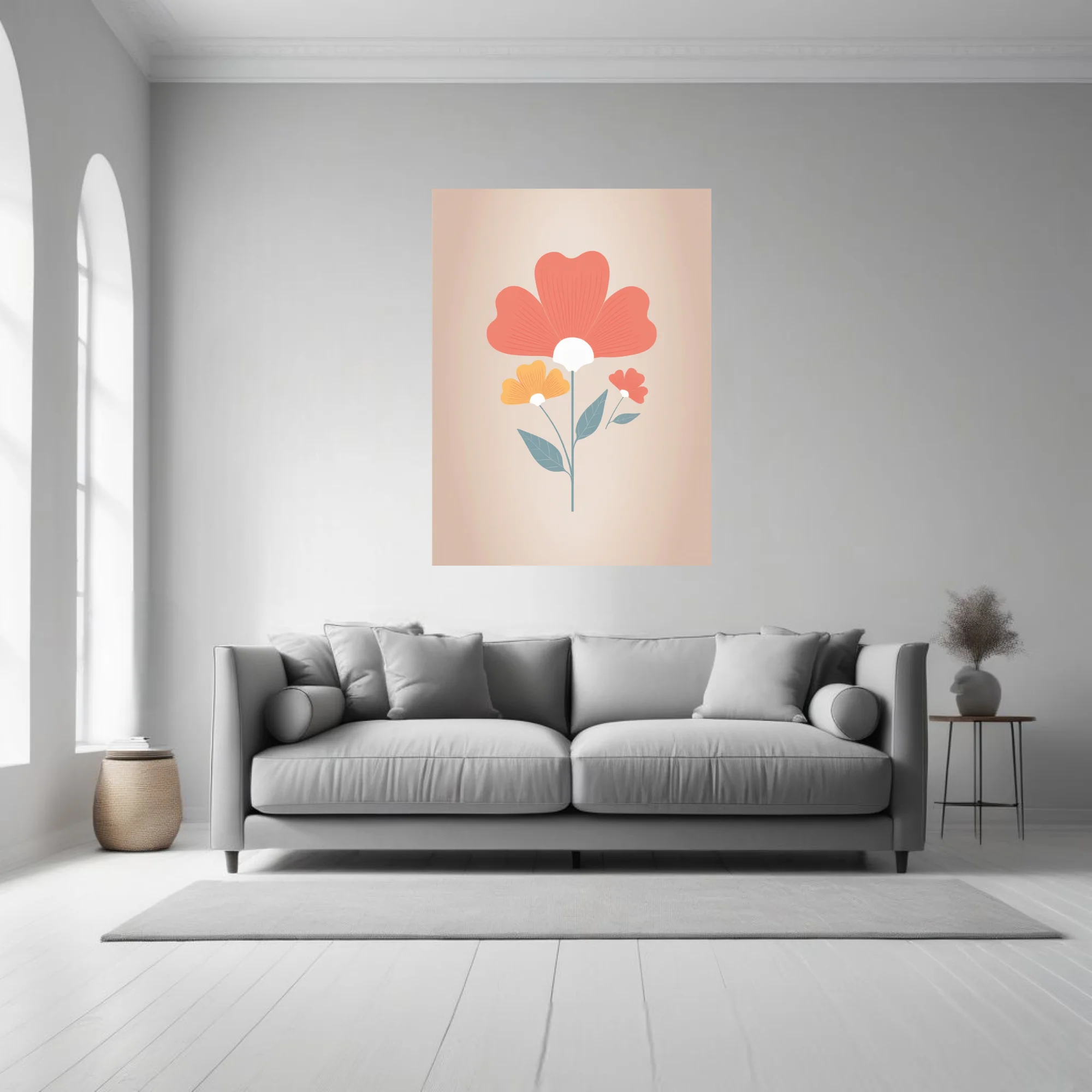 Folk art floral illustration with coral, amber, and teal botanical motifs on warm beige
