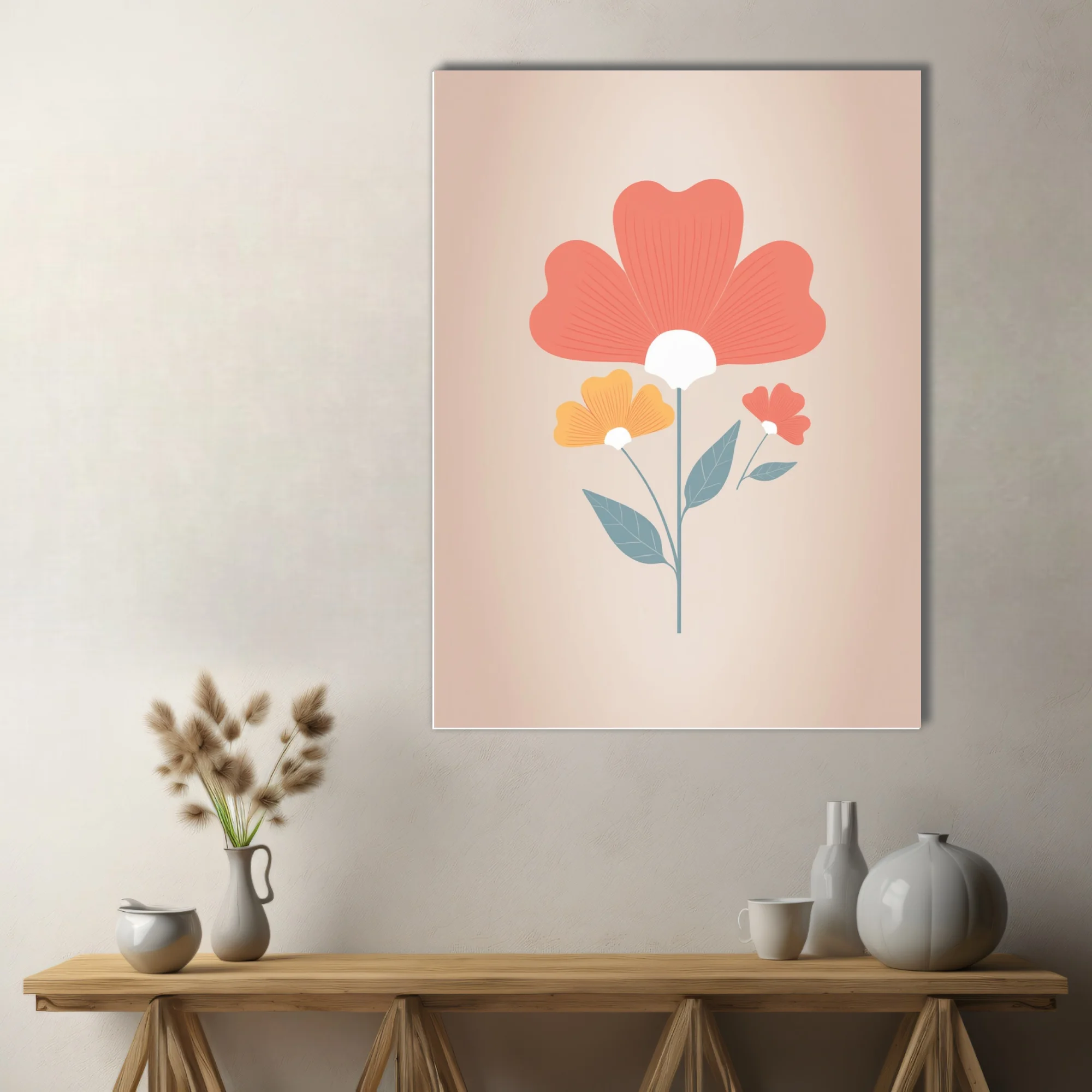 Folk art floral illustration with coral, amber, and teal botanical motifs on warm beige