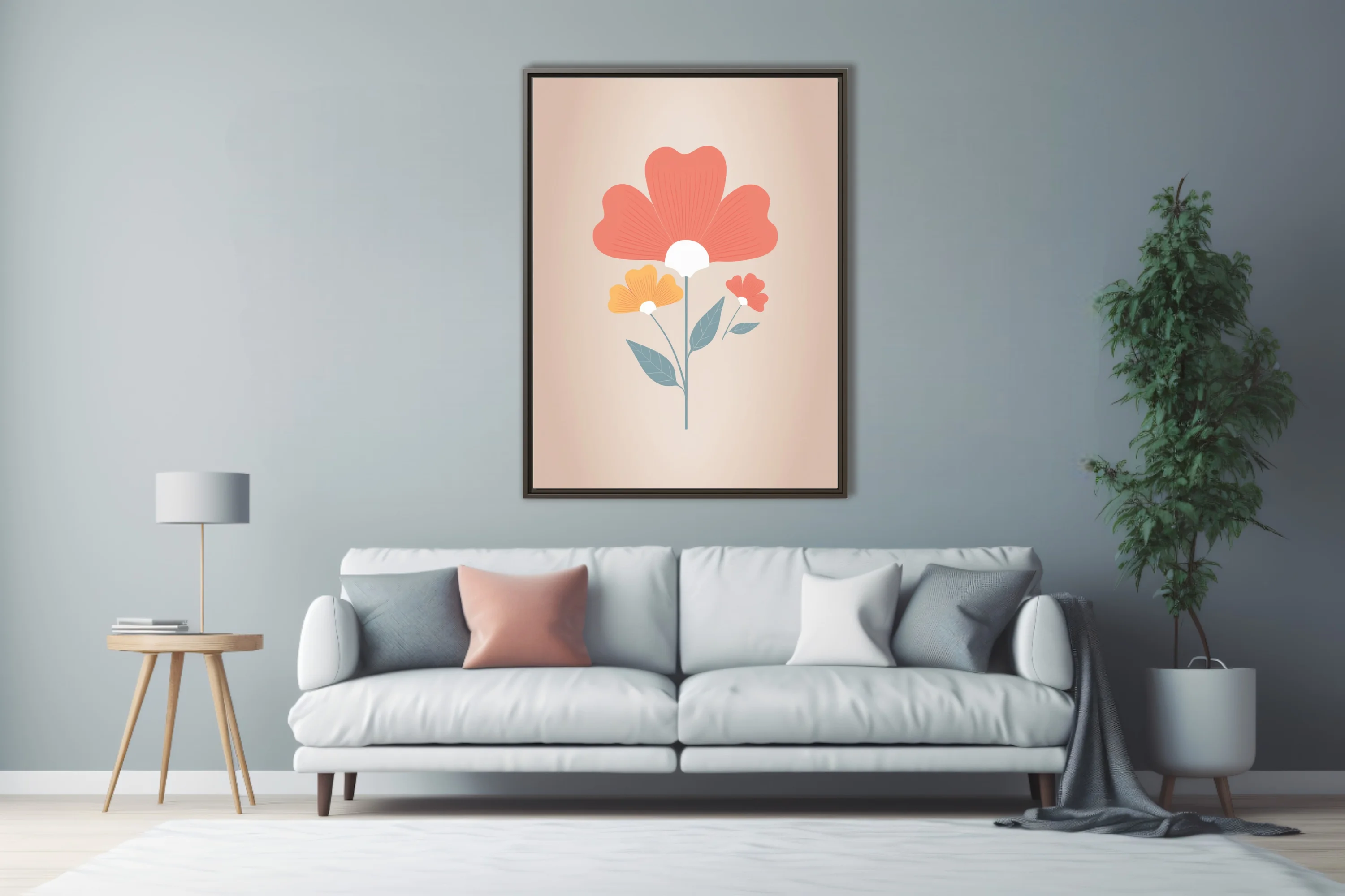 Folk art floral illustration with coral, amber, and teal botanical motifs on warm beige