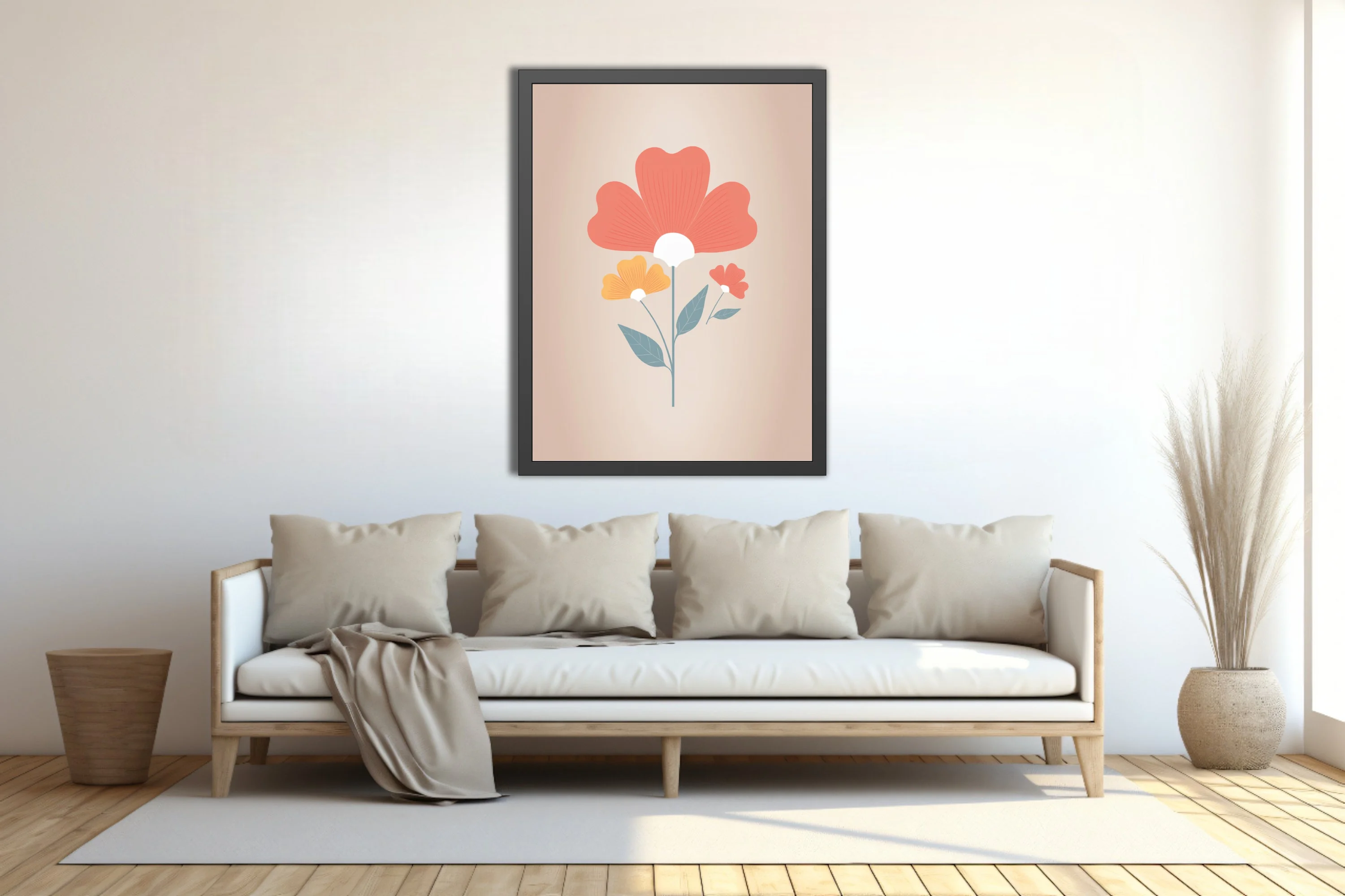 Folk art floral illustration with coral, amber, and teal botanical motifs on warm beige