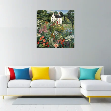 Folk-art style white cottage with lush wildflower garden, vivid botanical illustration