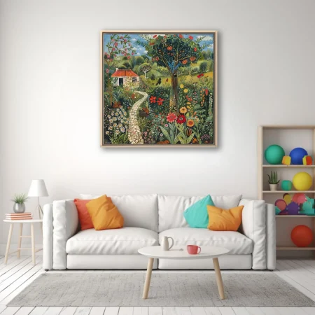 Folk-art style colorful garden scene with wildflowers, cobblestone path, and cottage