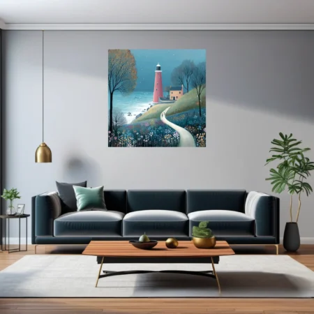 Folk-style lighthouse coastal scene with wildflowers, teal sky, and winding path
