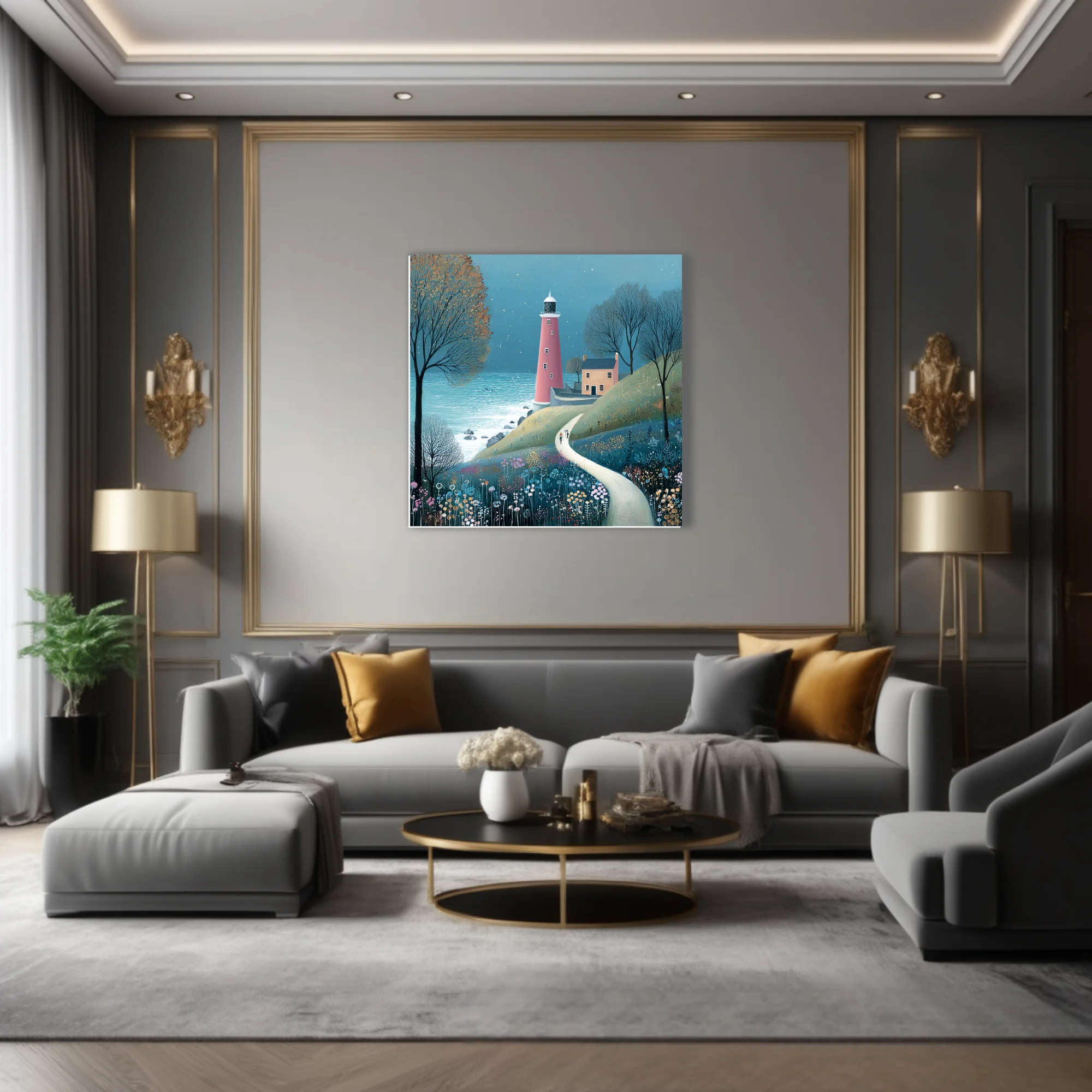 Folk-style lighthouse coastal scene with wildflowers, teal sky, and winding path